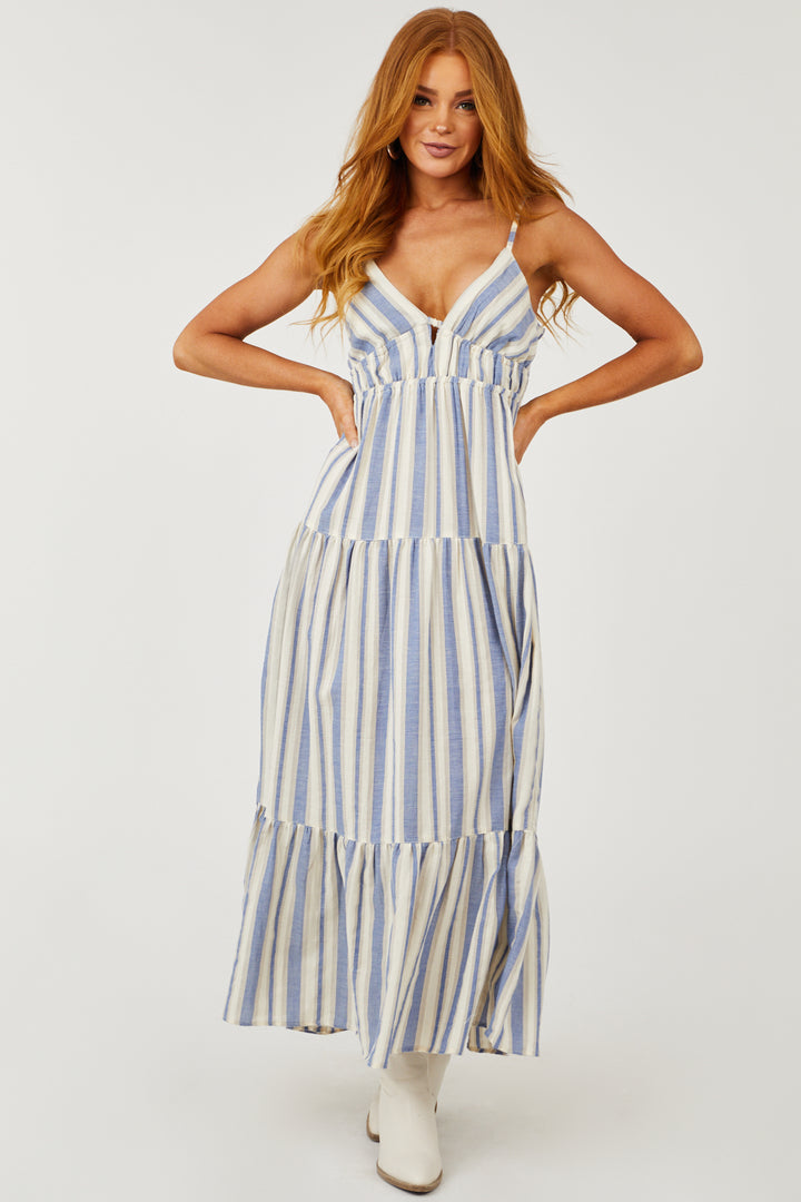 Steel Blue and Cream V Neck Tiered Maxi Dress