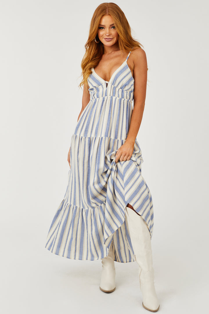 Steel Blue and Cream V Neck Tiered Maxi Dress