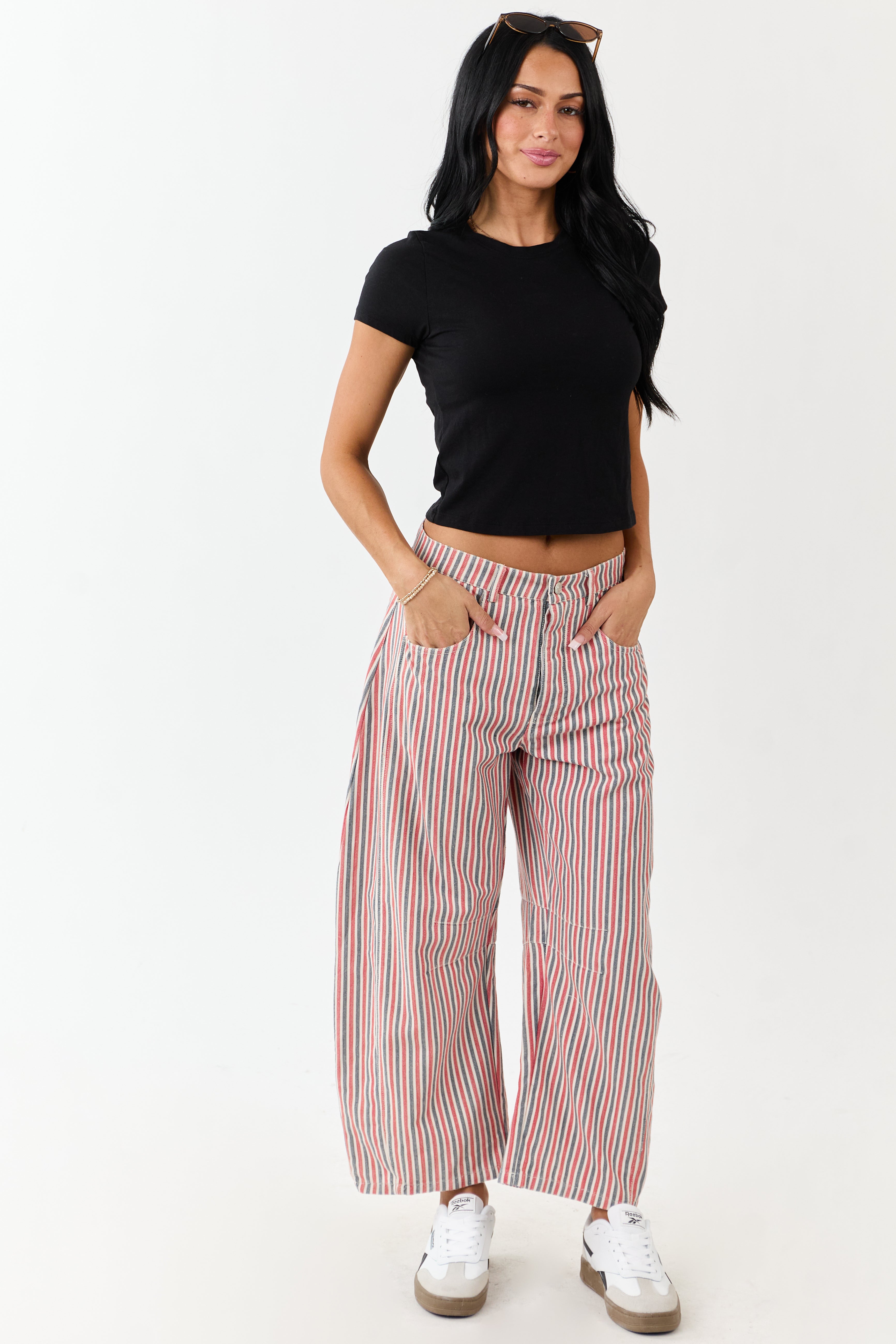 Steel Blue and Ruby Striped Barrel Cropped Pants