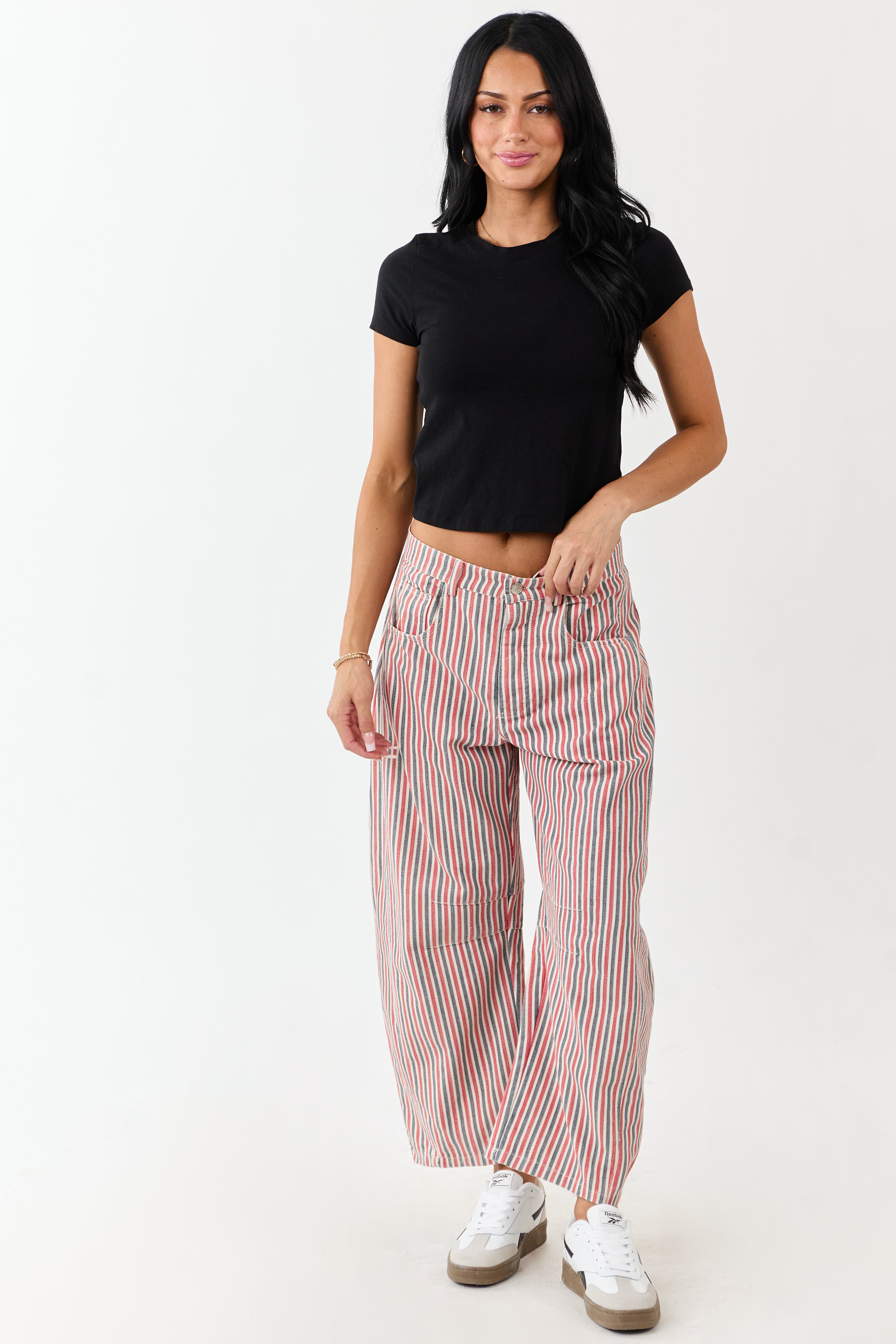 Steel Blue and Ruby Striped Barrel Cropped Pants
