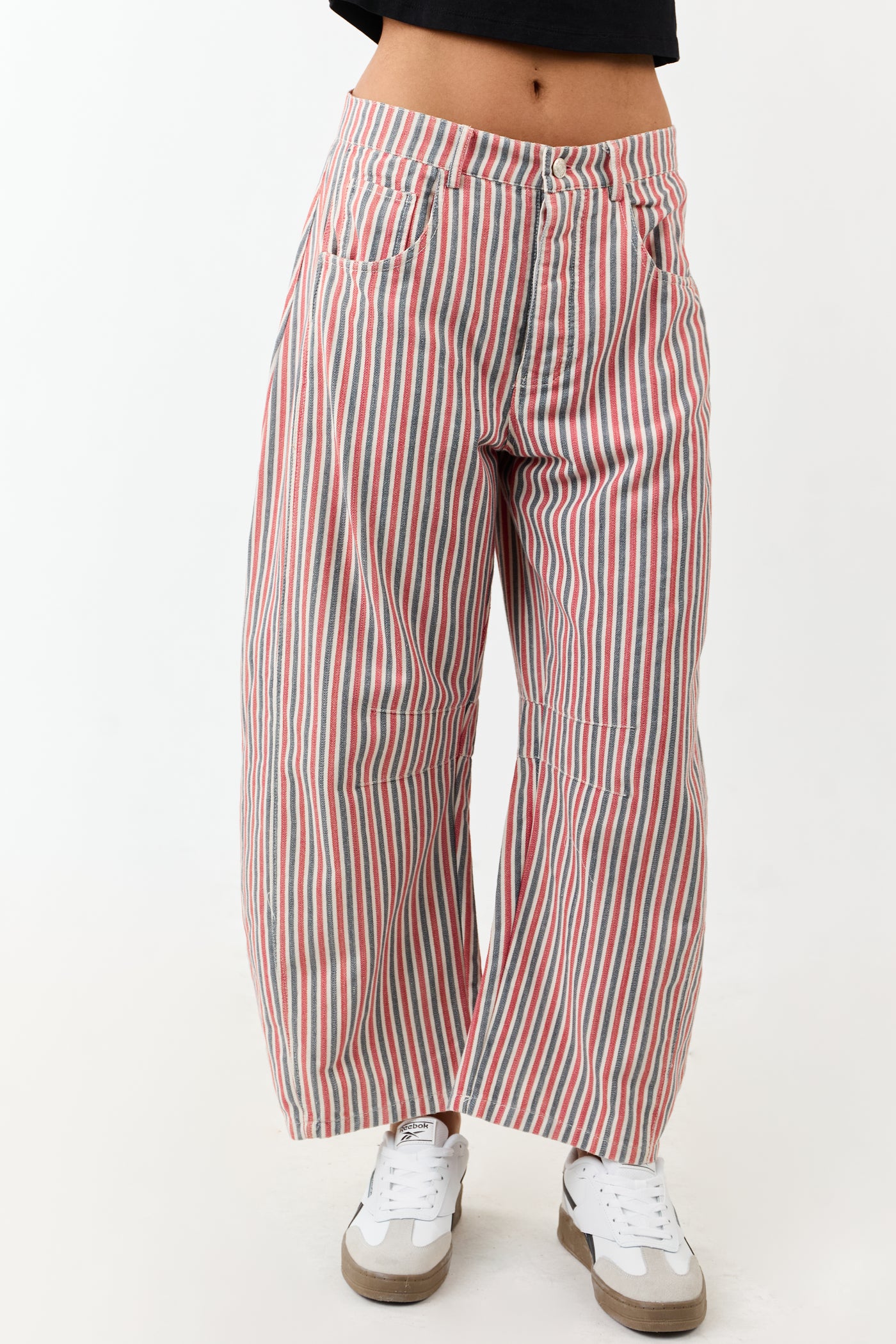 Steel Blue and Ruby Striped Barrel Cropped Pants
