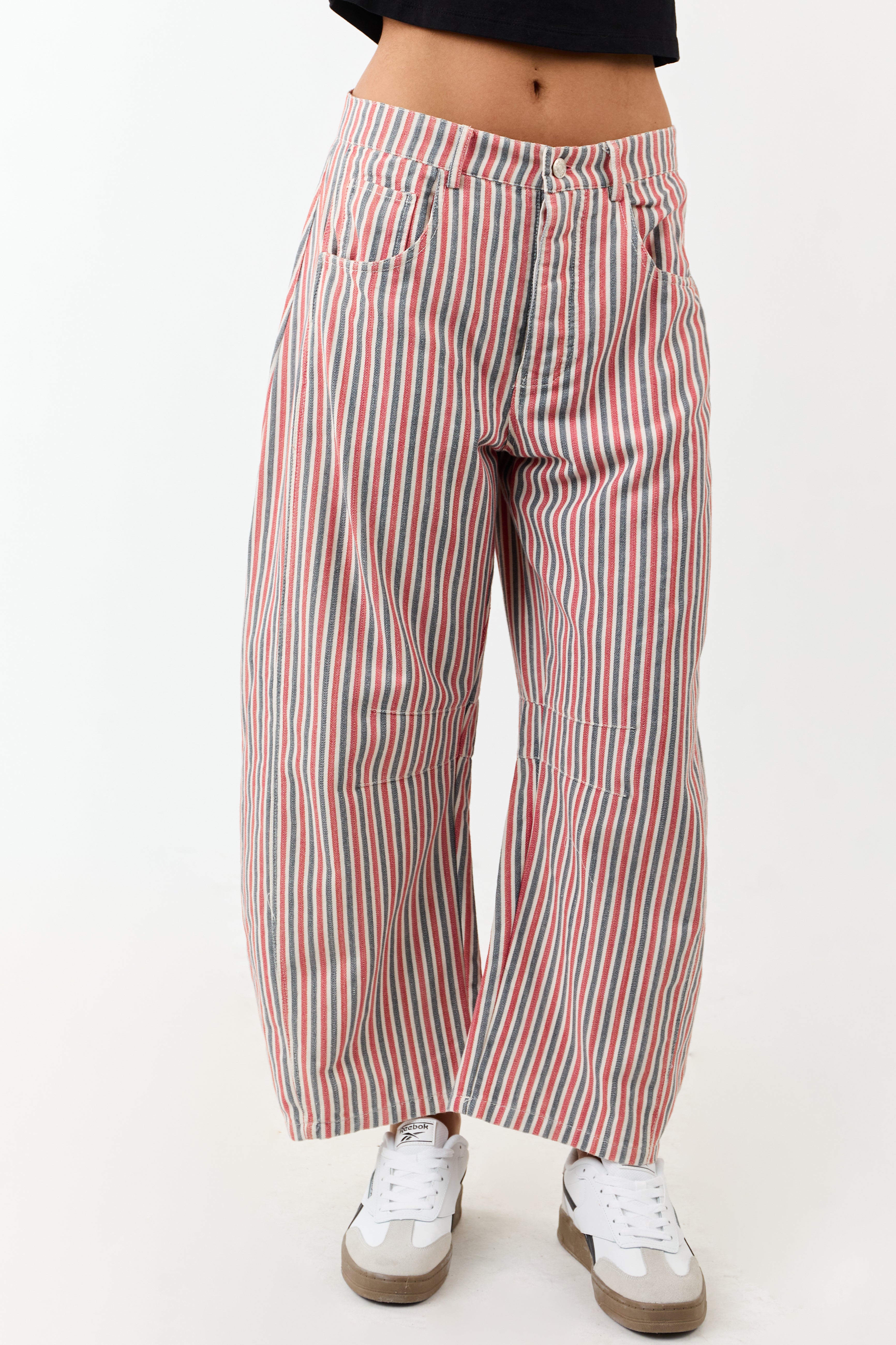 Steel Blue and Ruby Striped Barrel Cropped Pants