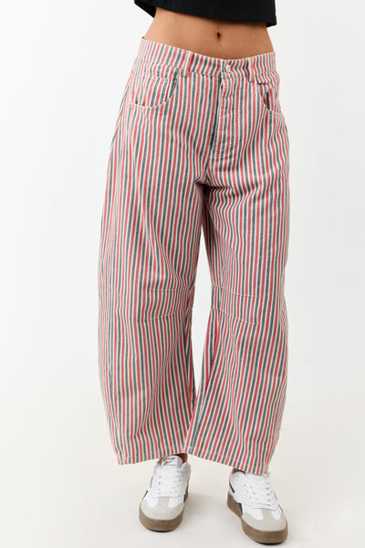 Steel Blue and Ruby Striped Barrel Cropped Pants
