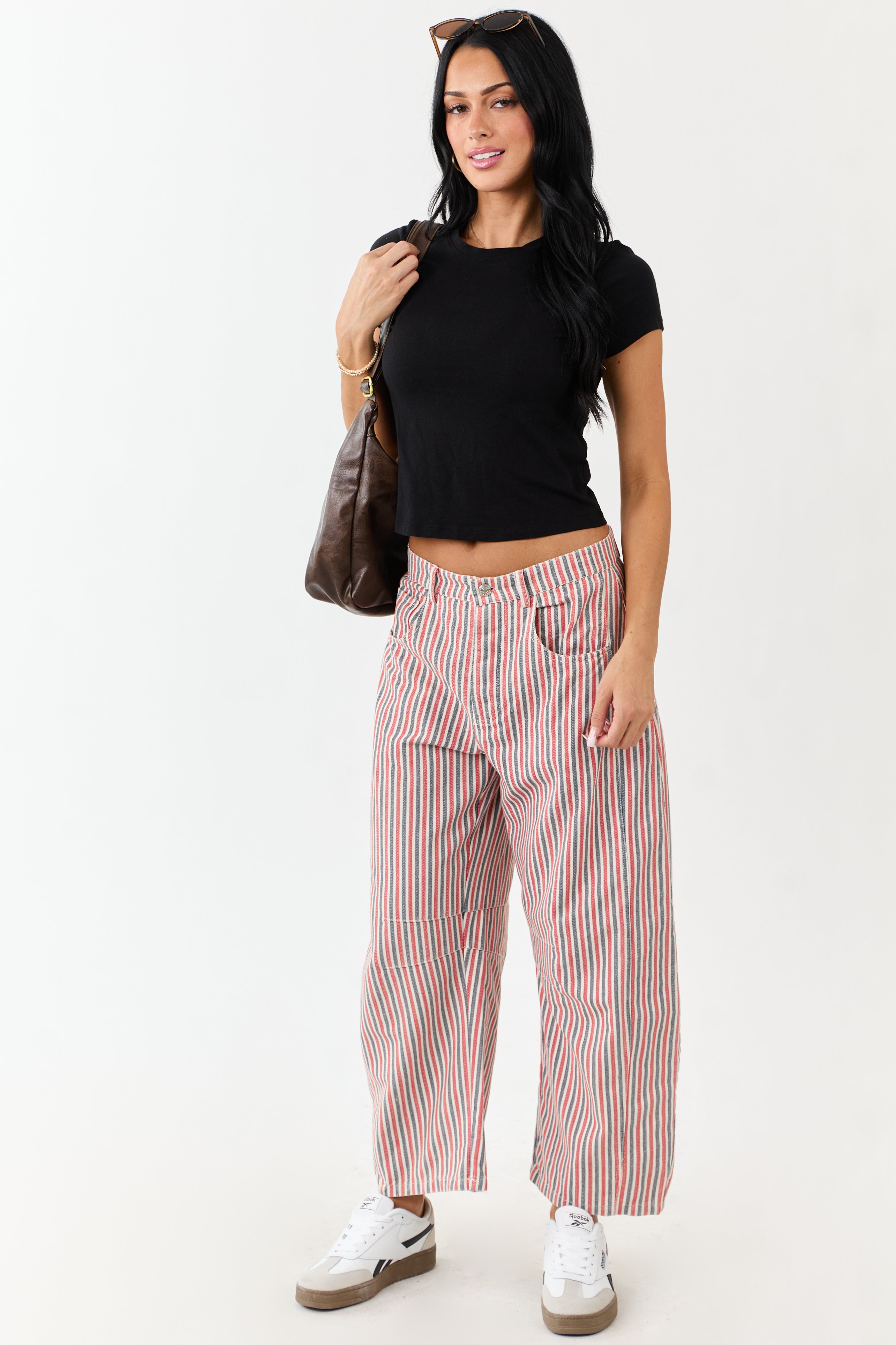 Steel Blue and Ruby Striped Barrel Cropped Pants