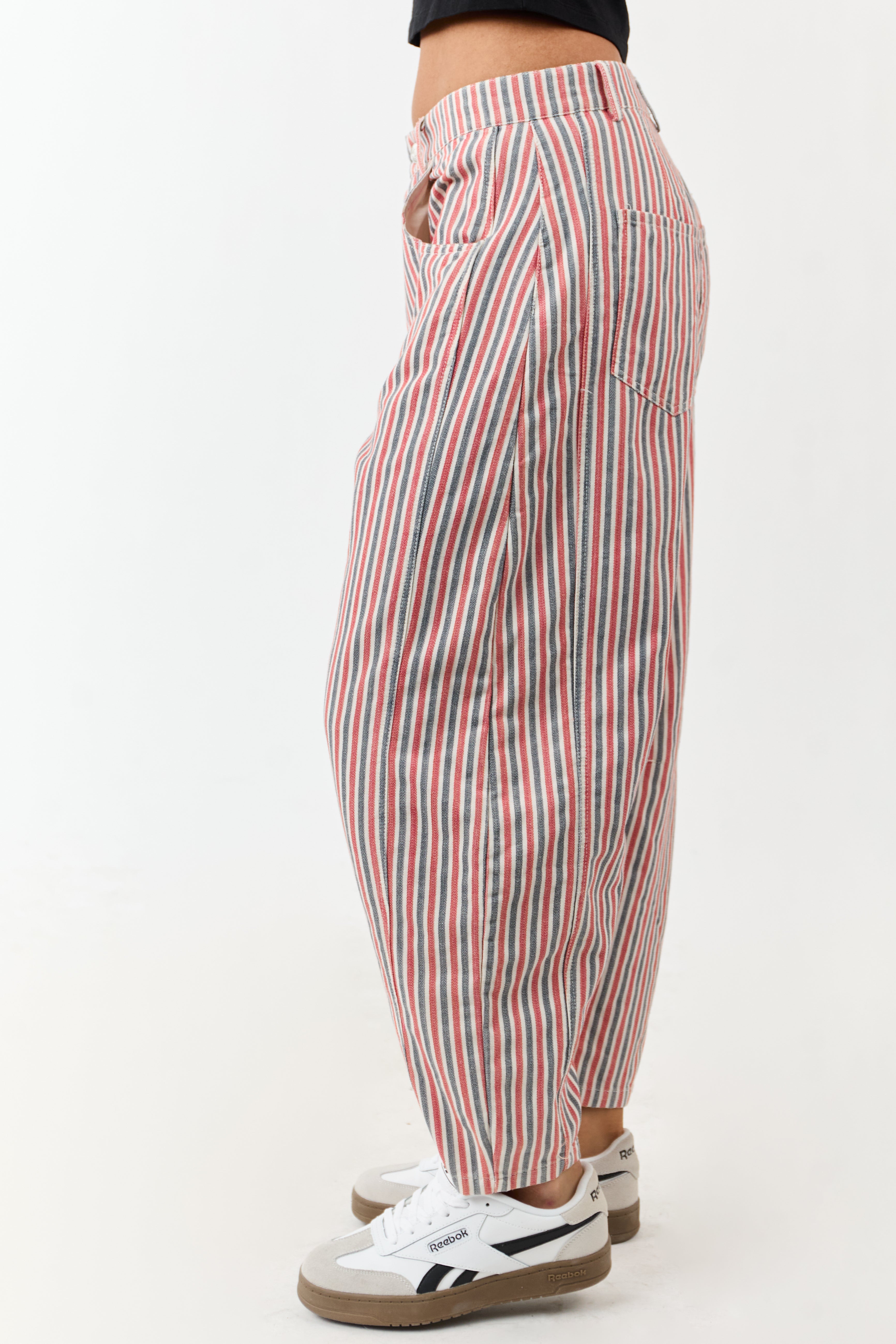 Steel Blue and Ruby Striped Barrel Cropped Pants