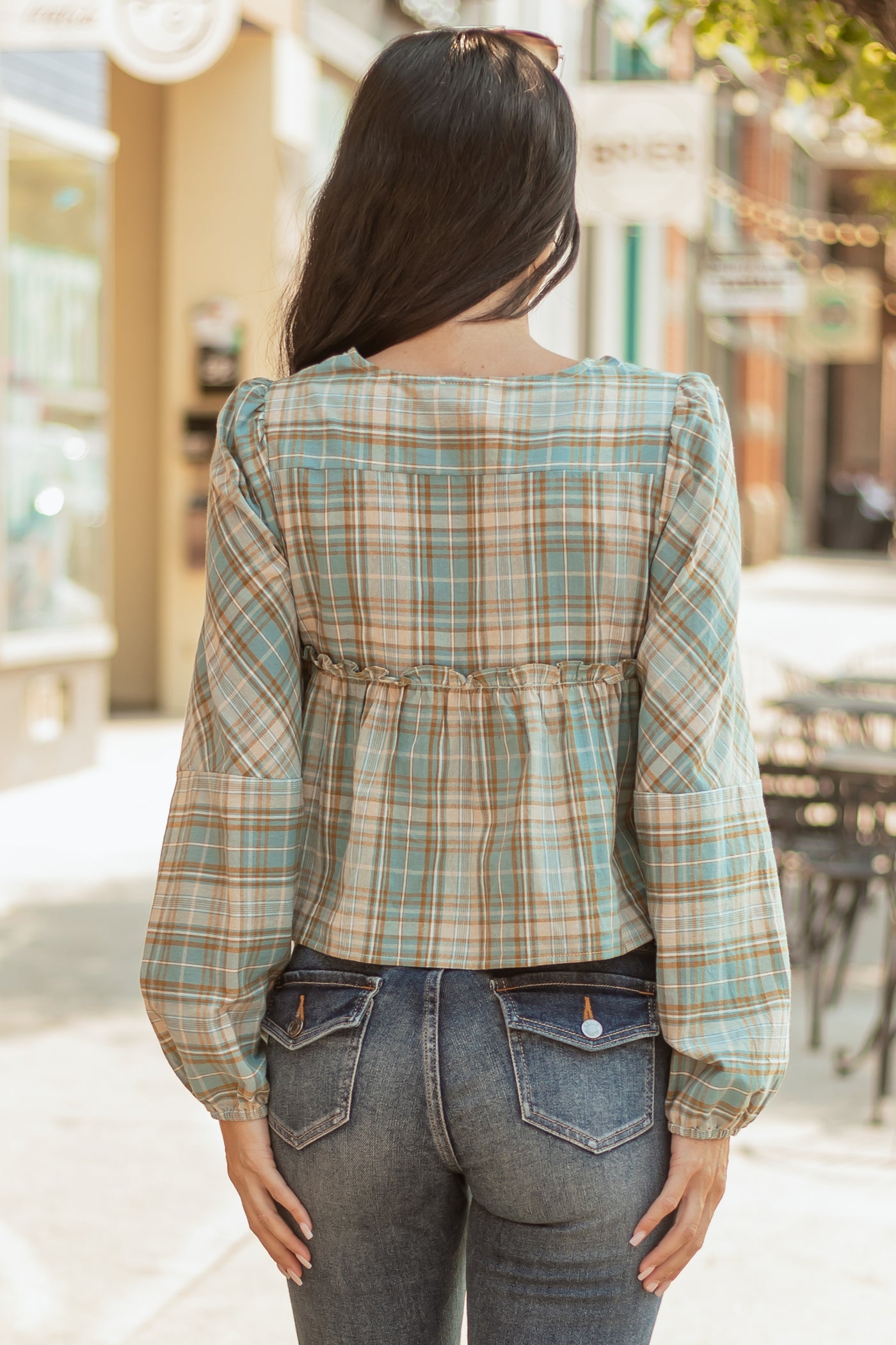 Steel Blue and Sand Plaid Long Sleeve Cotton Top