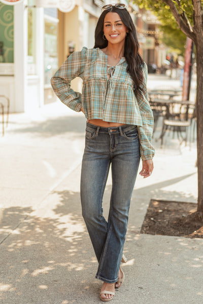Steel Blue and Sand Plaid Long Sleeve Cotton Top