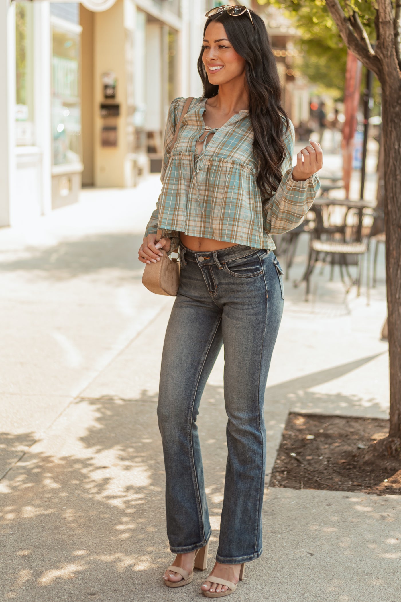 Steel Blue and Sand Plaid Long Sleeve Cotton Top