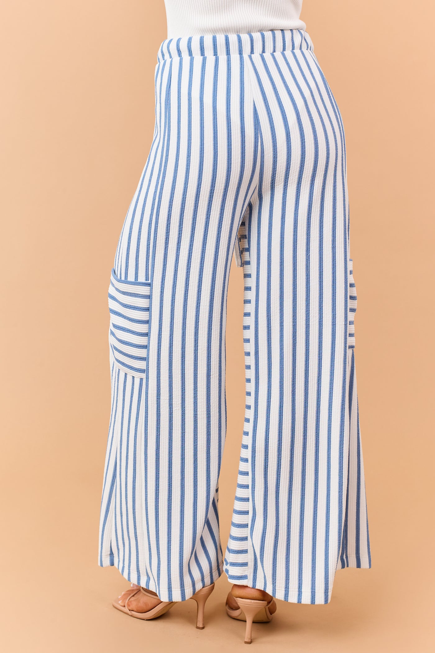 Steel Blue and White Striped Wide Leg Pants