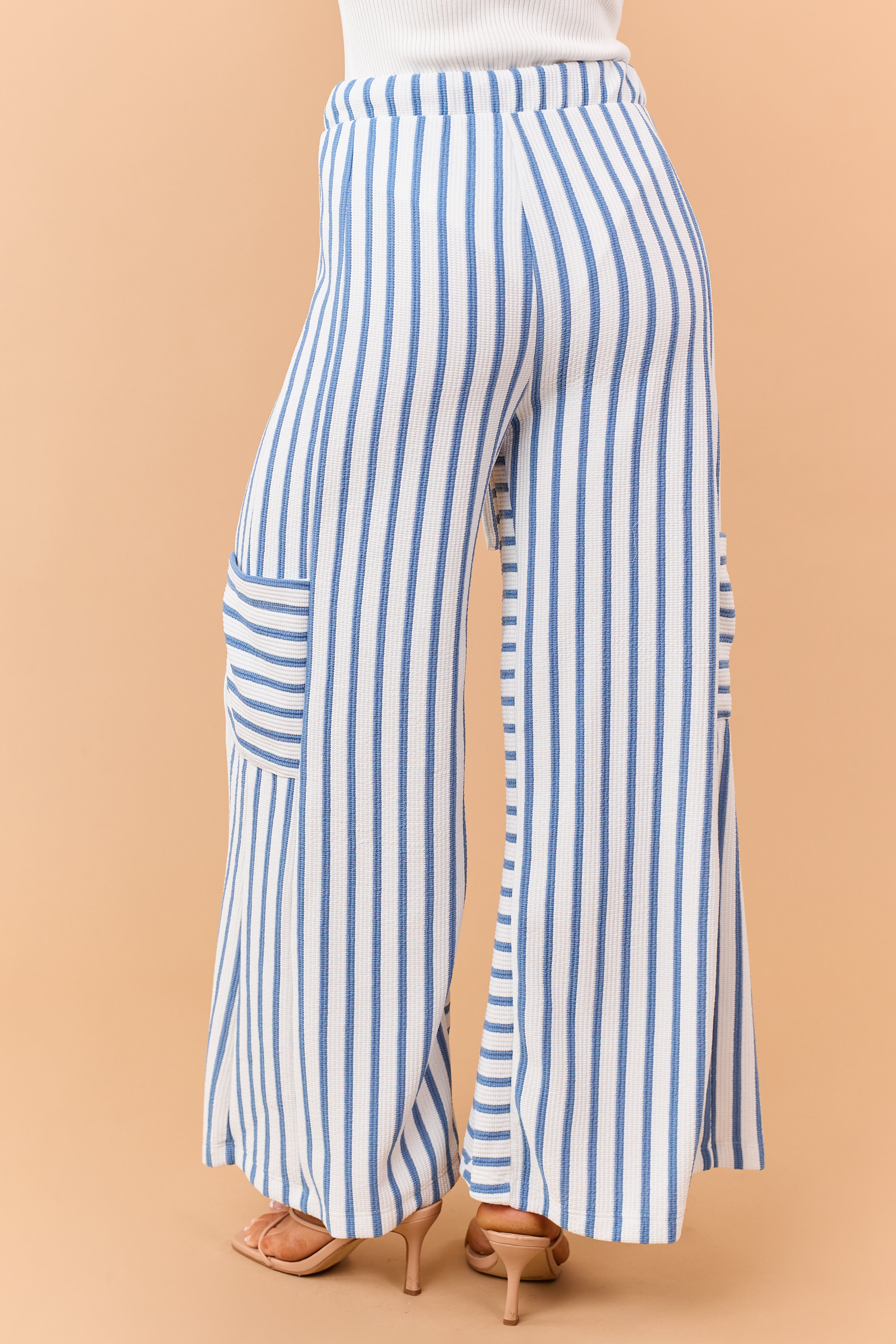 Steel Blue and White Striped Wide Leg Pants