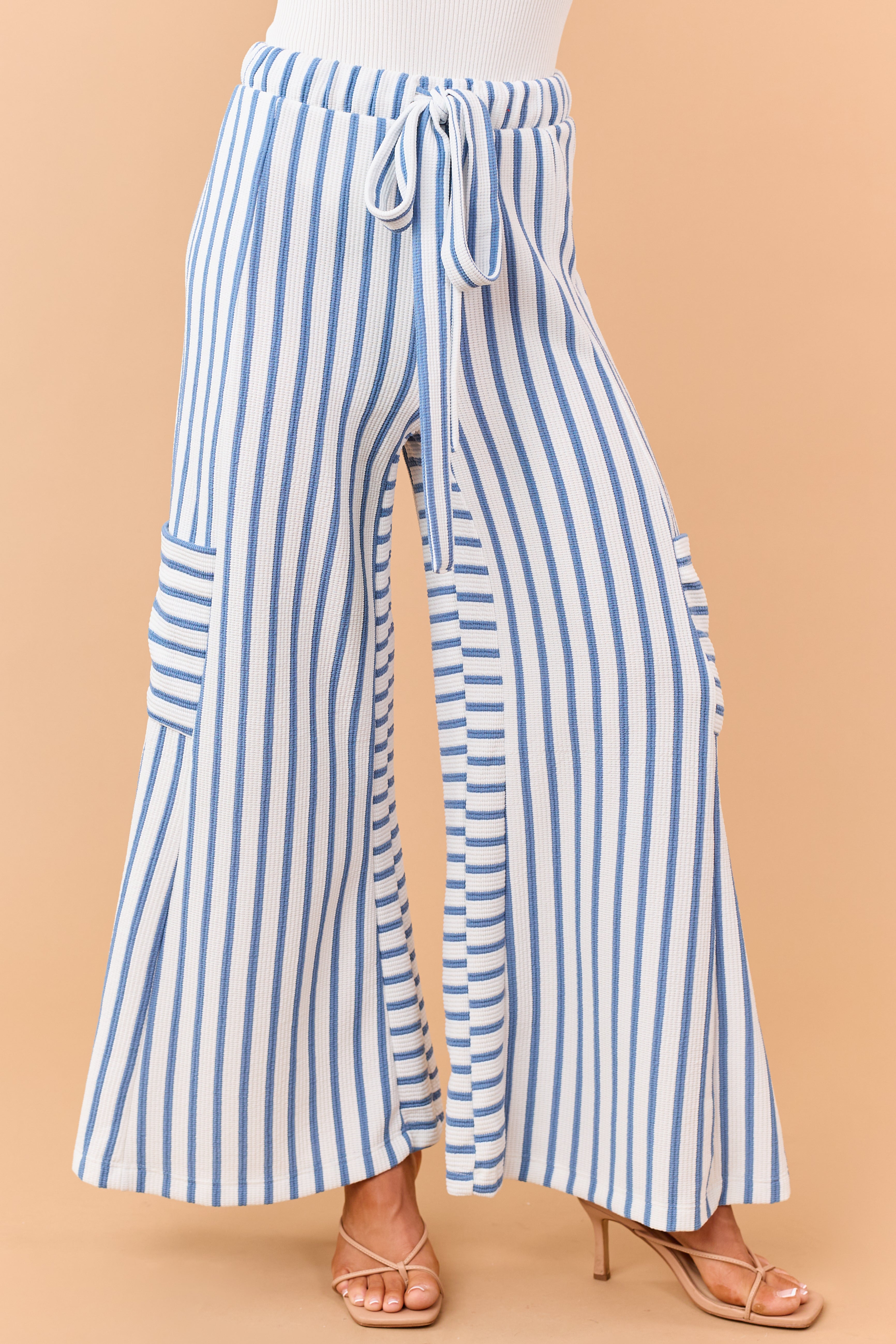 Steel Blue and White Striped Wide Leg Pants