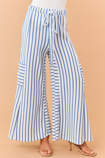 Steel Blue and White Striped Wide Leg Pants