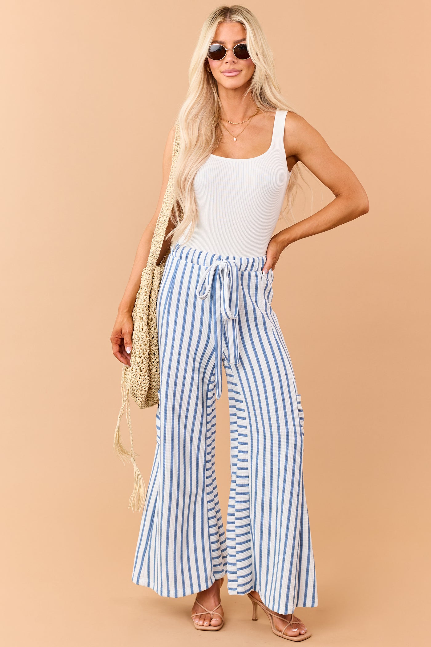 Steel Blue and White Striped Wide Leg Pants