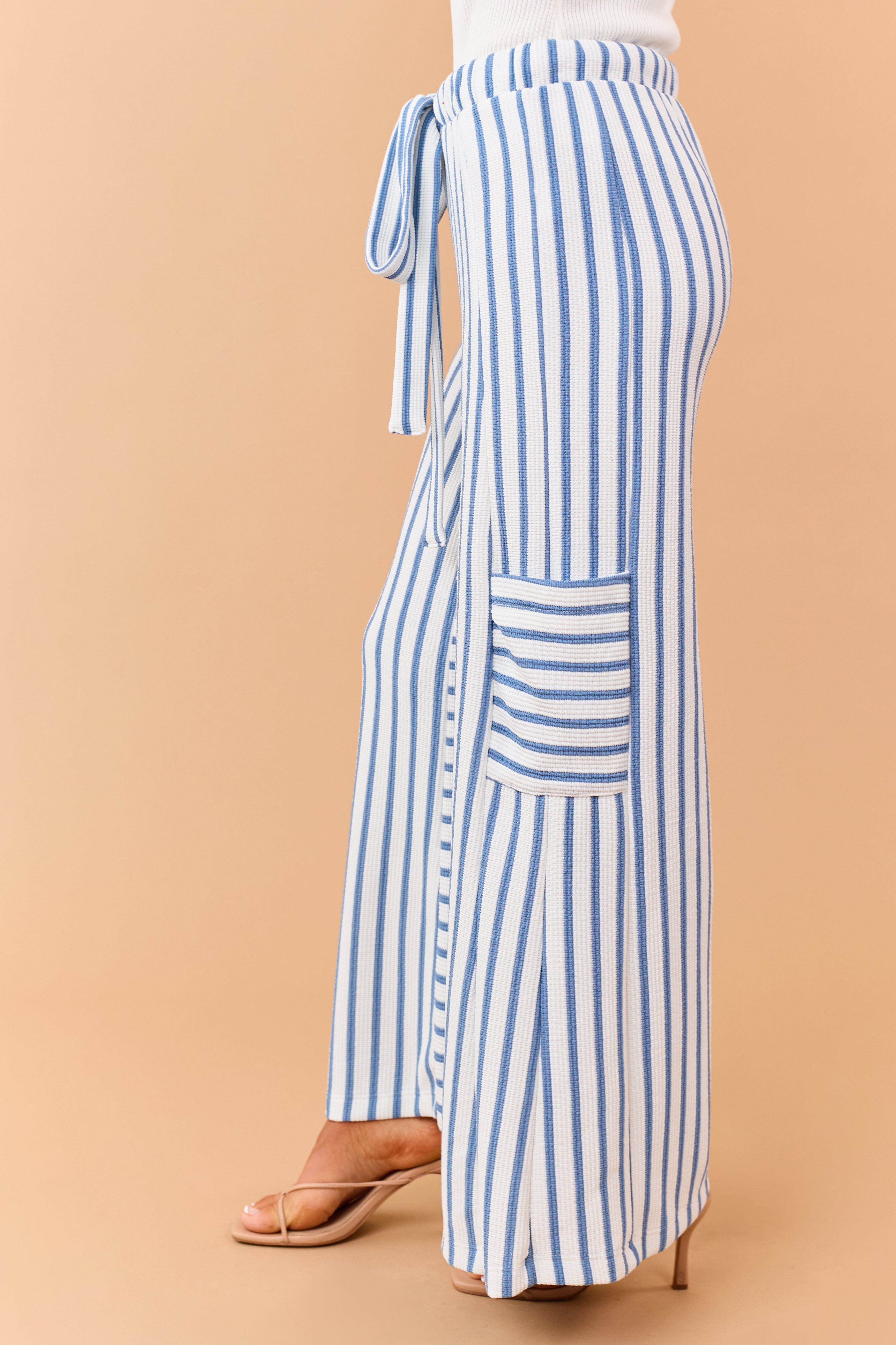 Steel Blue and White Striped Wide Leg Pants