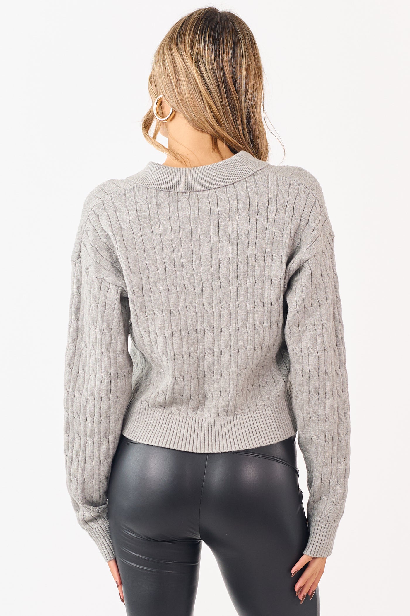 Steel Cable Knit Polo Style Cropped Sweater