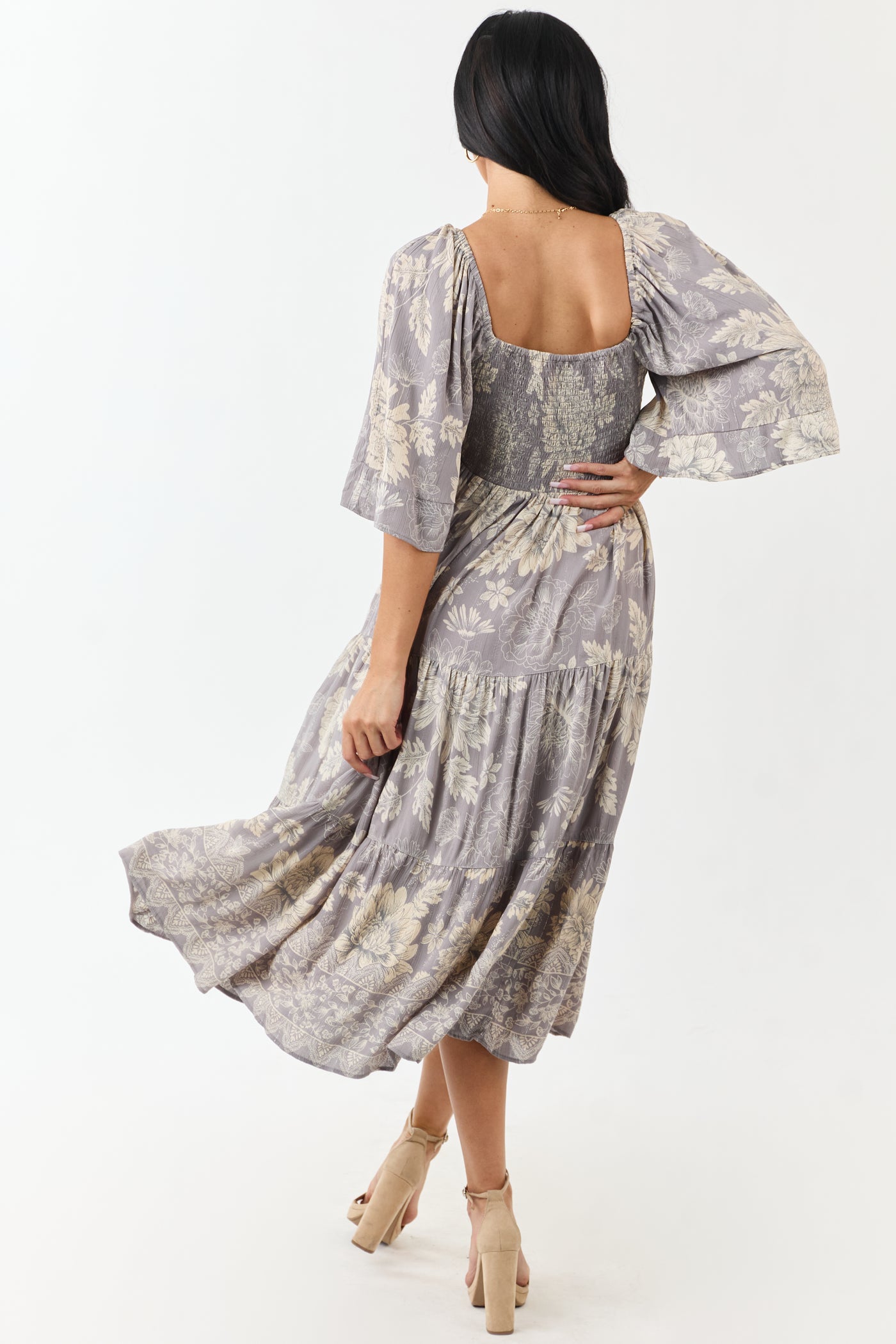 Steel Floral Print Bust Twist Flare Sleeve Midi Dress