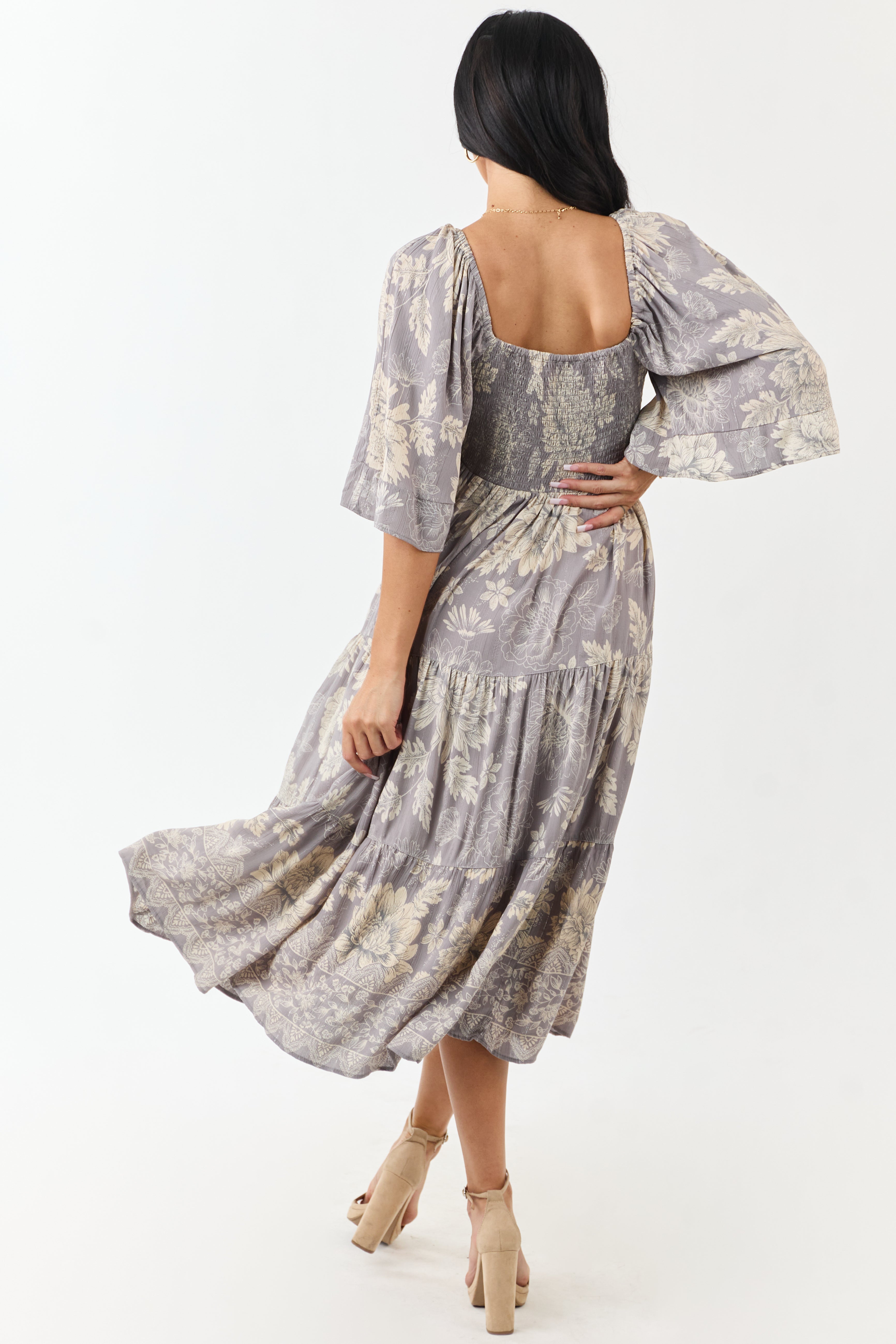 Steel Floral Print Bust Twist Flare Sleeve Midi Dress