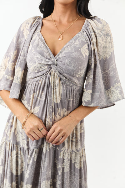 Steel Floral Print Bust Twist Flare Sleeve Midi Dress