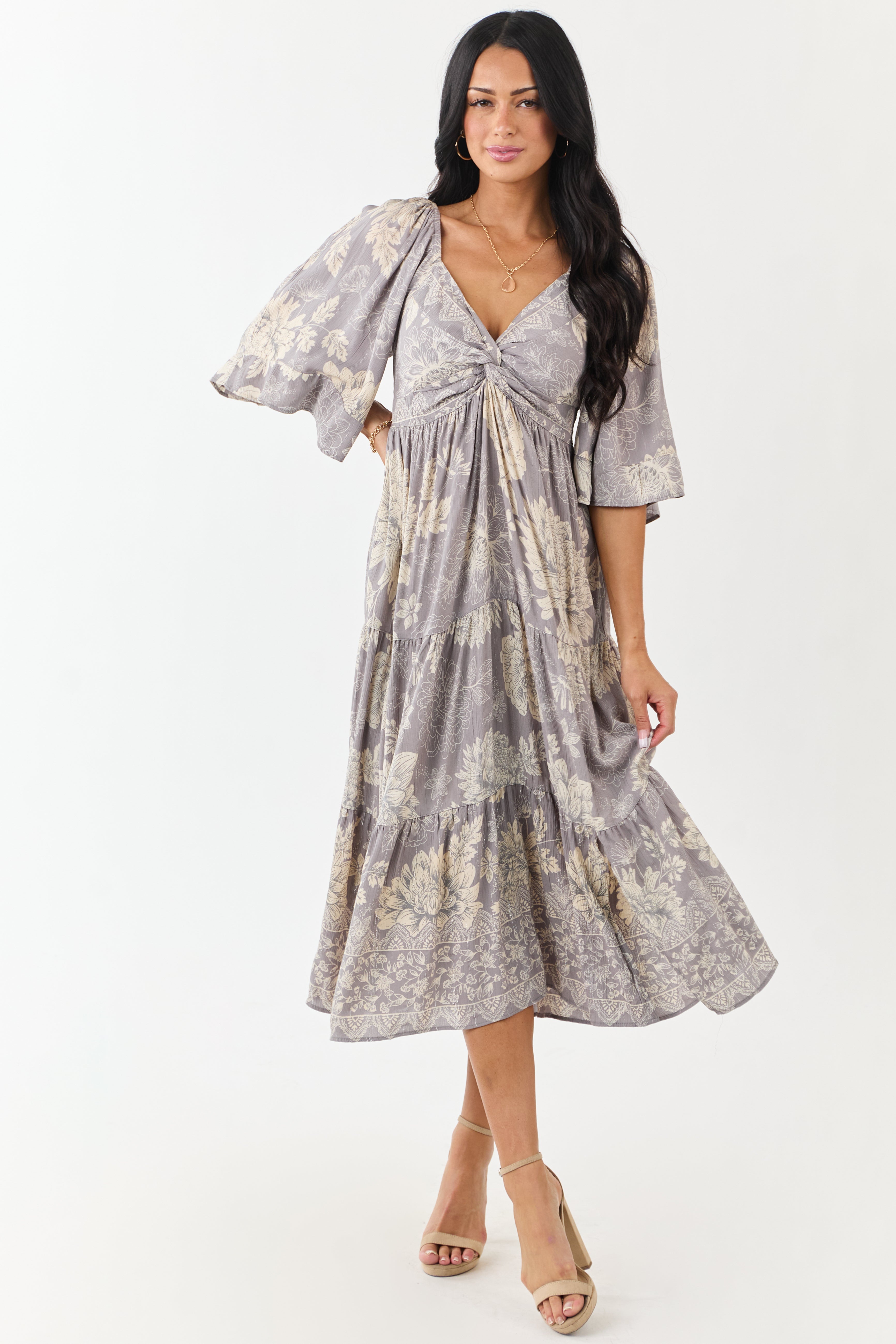 Steel Floral Print Bust Twist Flare Sleeve Midi Dress | Lime
