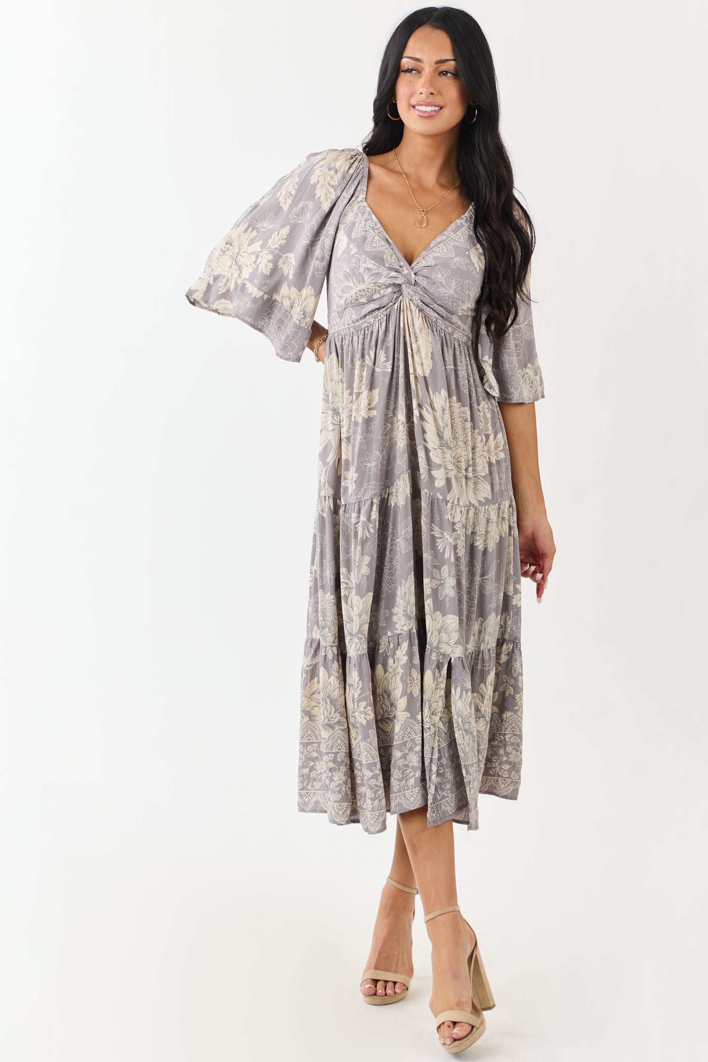 Steel Floral Print Bust Twist Flare Sleeve Midi Dress