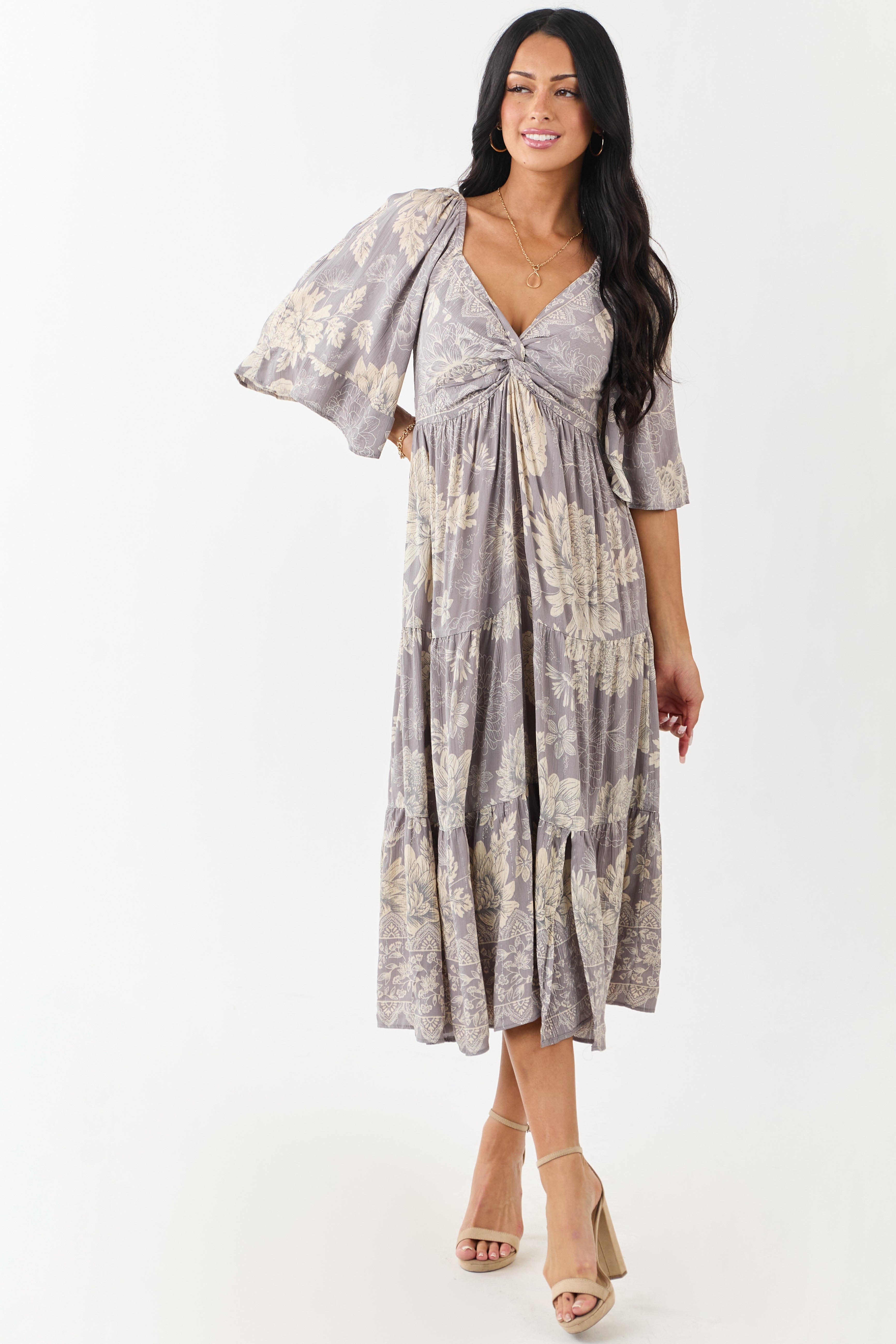 Steel Floral Print Bust Twist Flare Sleeve Midi Dress