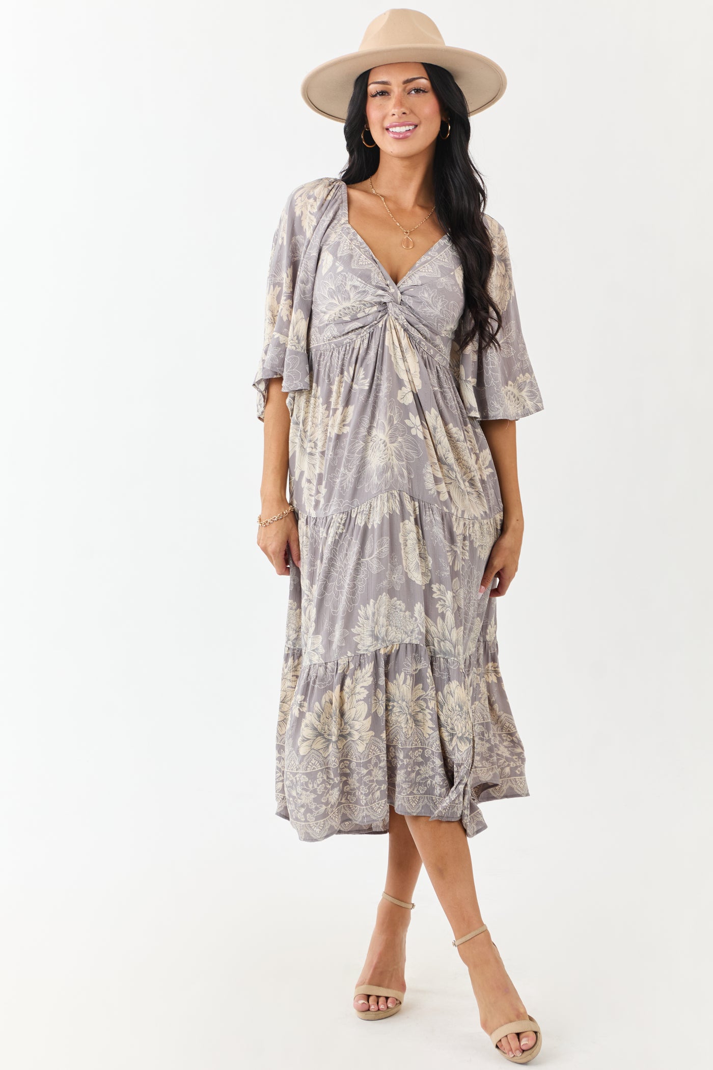 Steel Floral Print Bust Twist Flare Sleeve Midi Dress