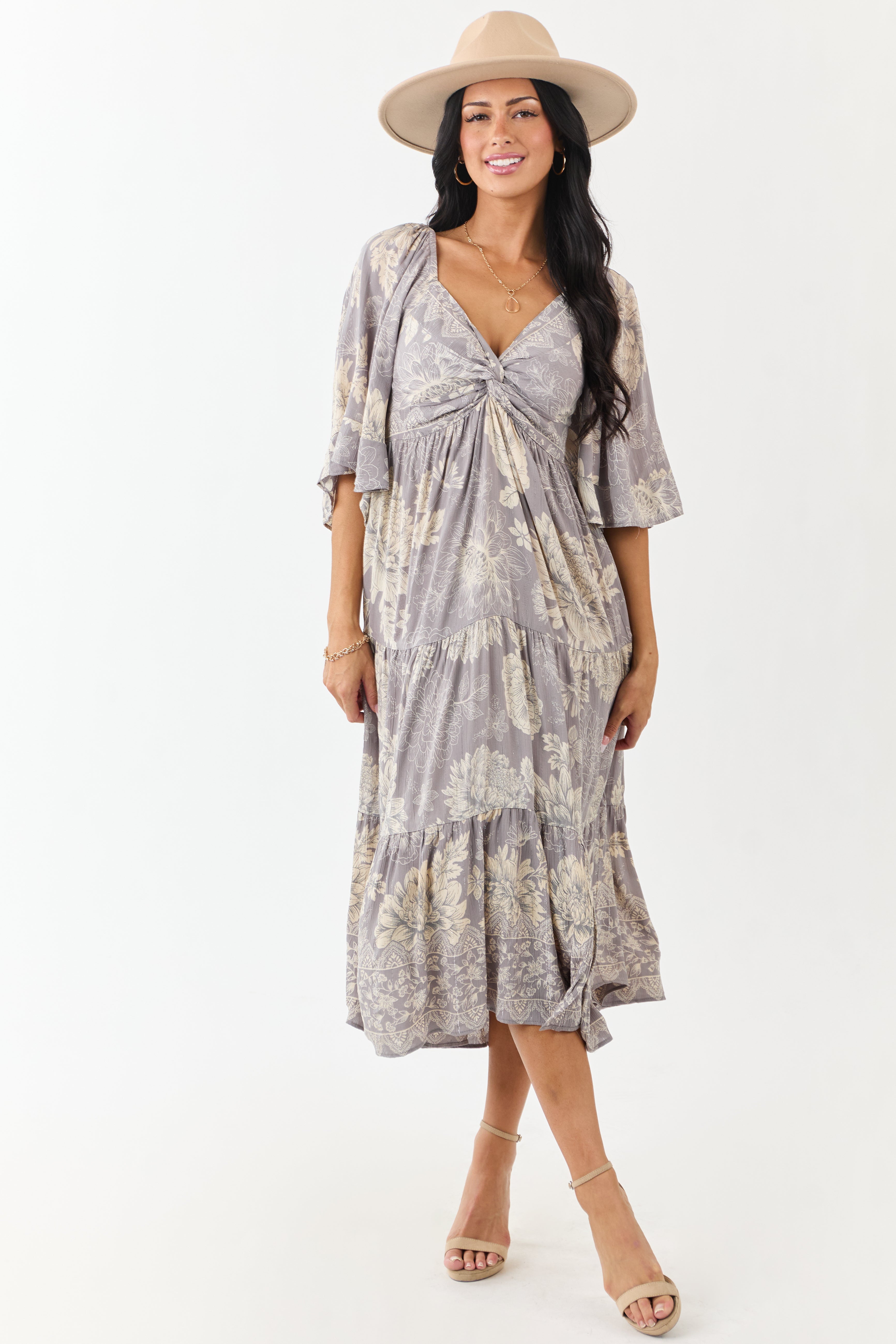 Steel Floral Print Bust Twist Flare Sleeve Midi Dress