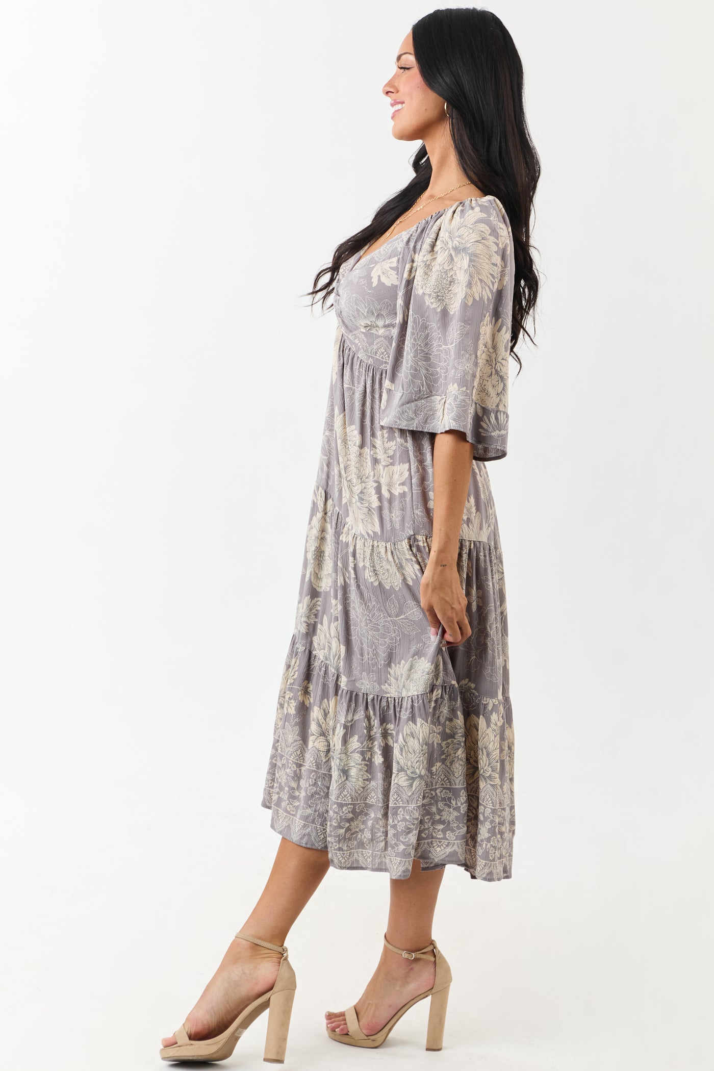 Steel Floral Print Bust Twist Flare Sleeve Midi Dress