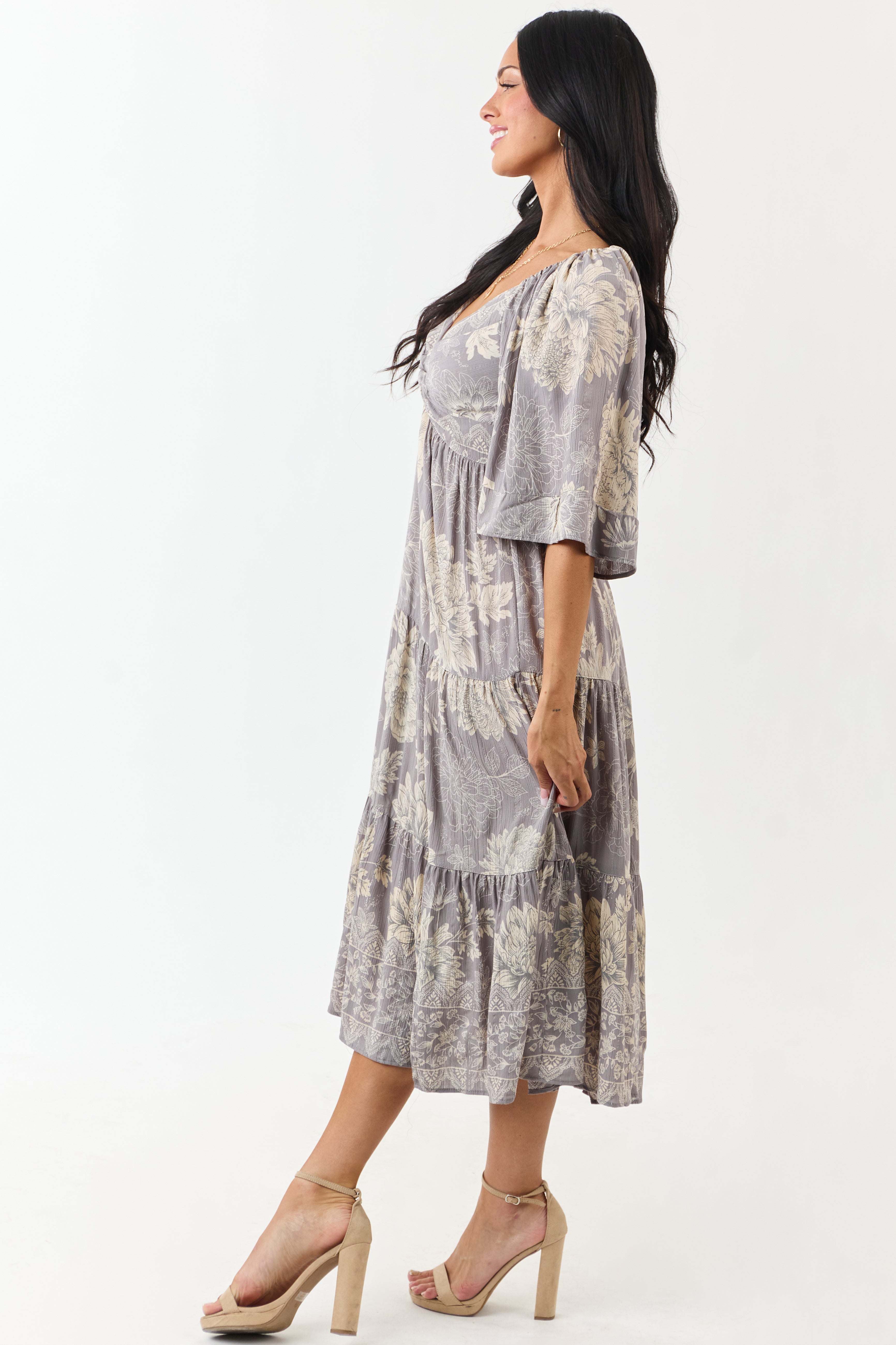 Steel Floral Print Bust Twist Flare Sleeve Midi Dress
