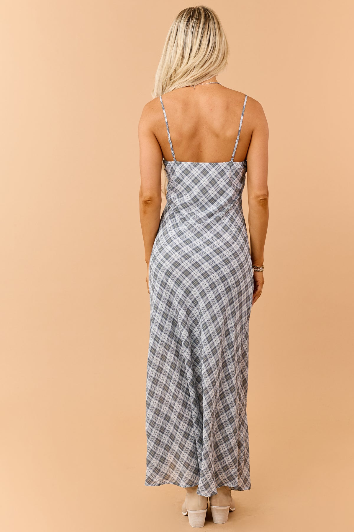 Steel Grey Plaid Flowy Sleeveless Maxi Dress