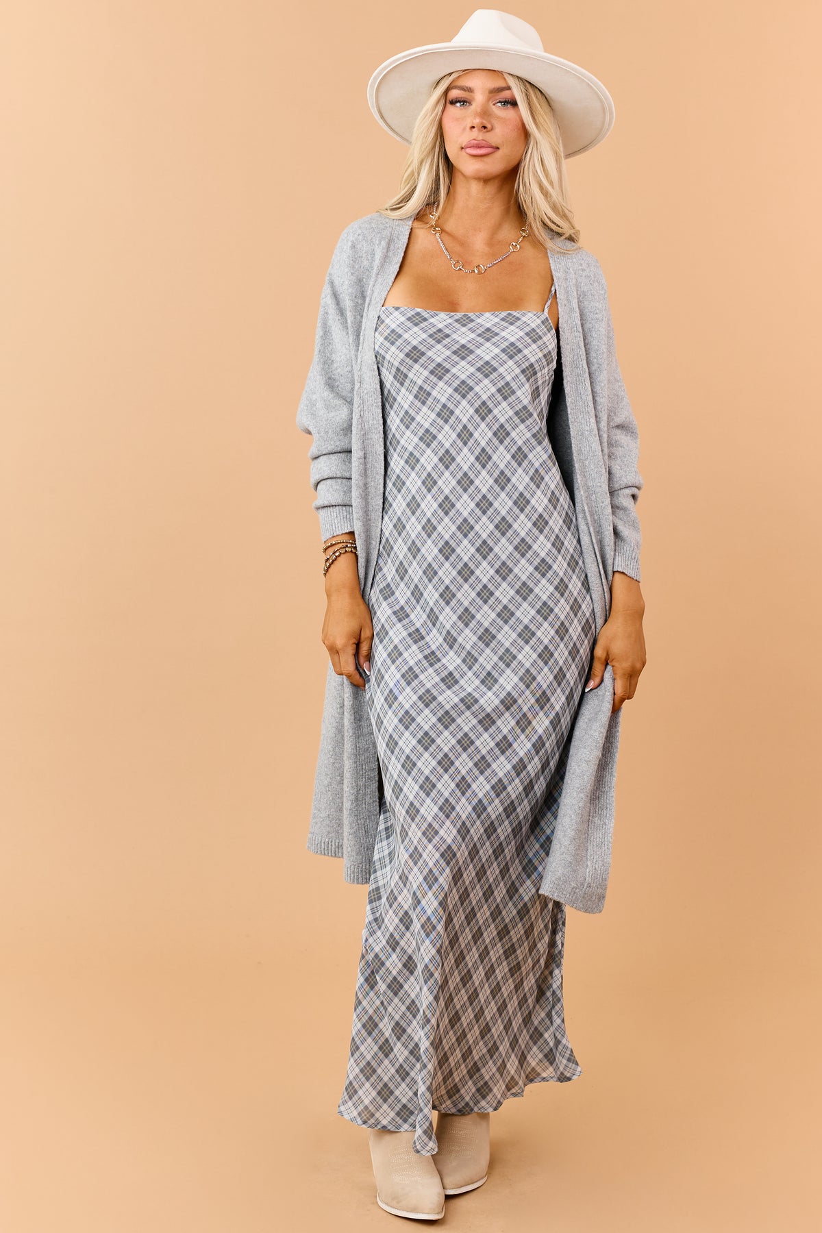 Steel Grey Plaid Flowy Sleeveless Maxi Dress