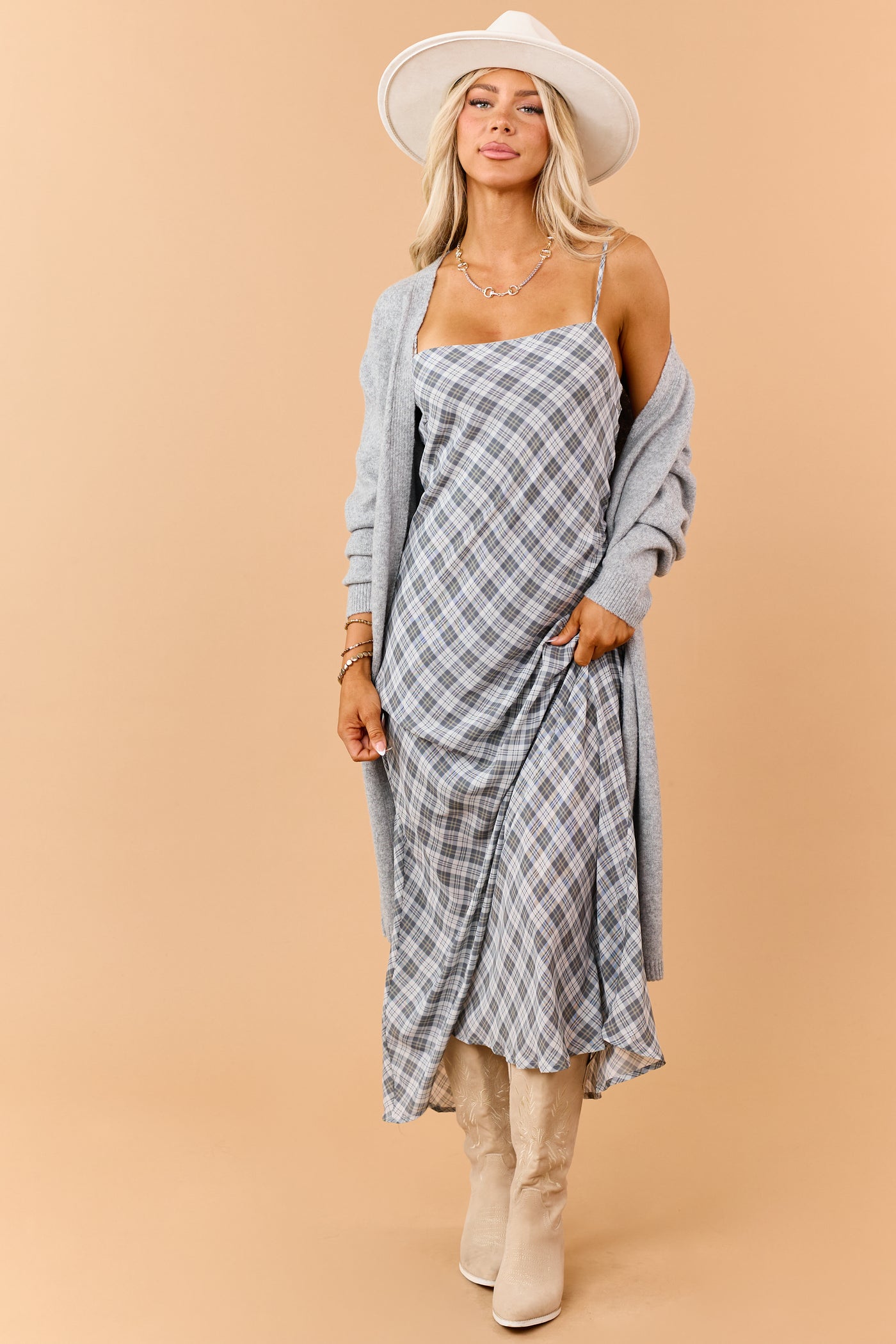 Steel Grey Plaid Flowy Sleeveless Maxi Dress