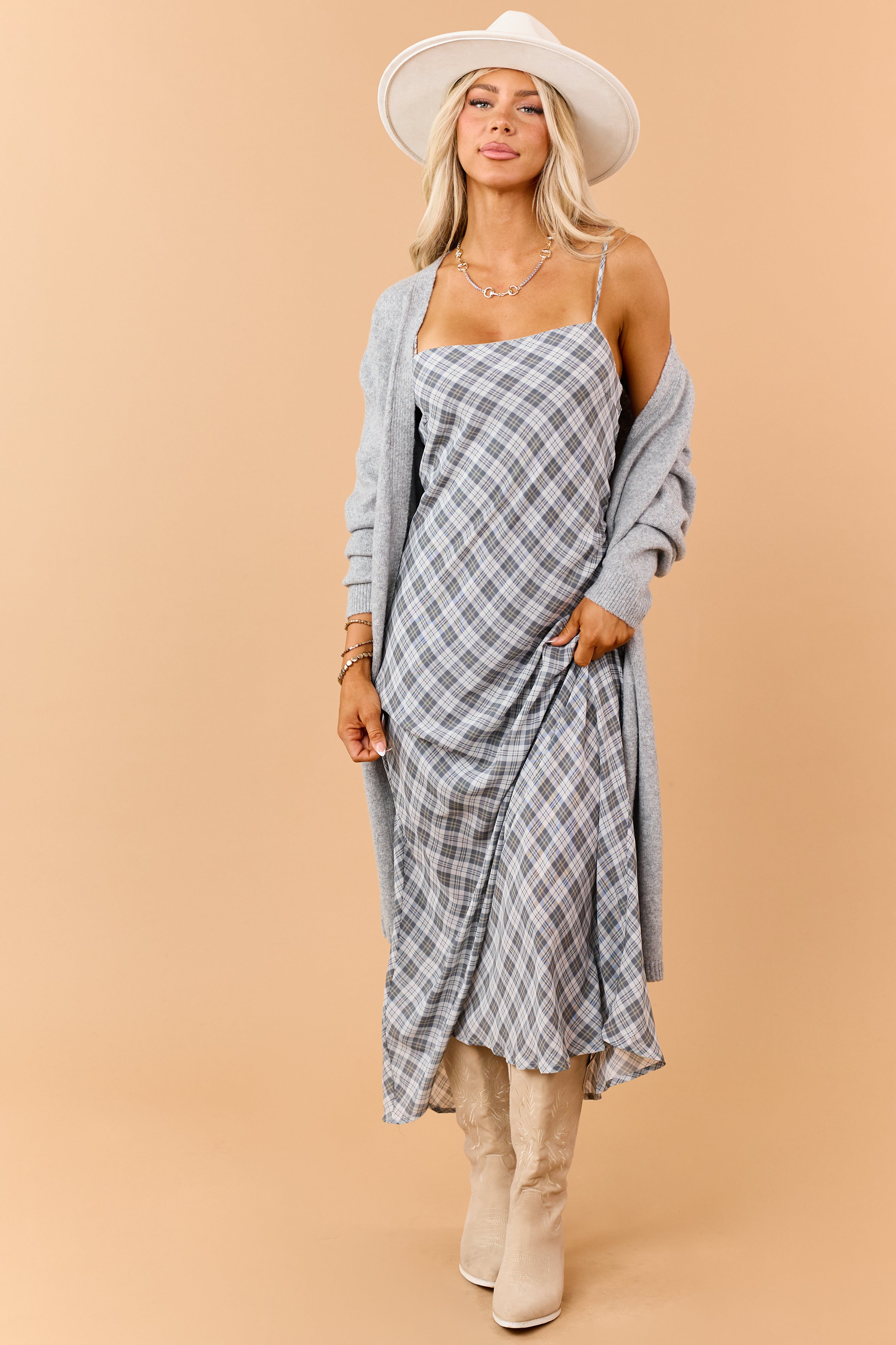 Steel Grey Plaid Flowy Sleeveless Maxi Dress