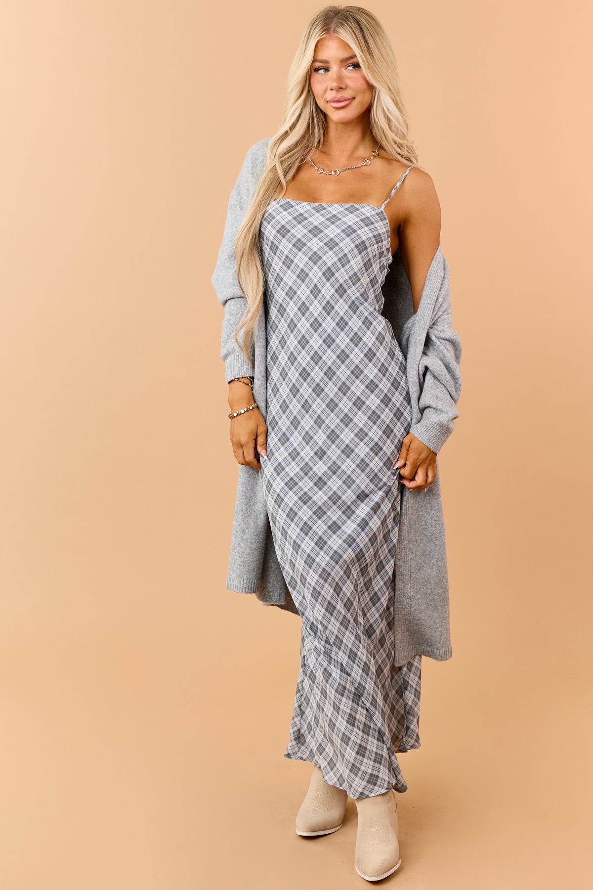 Steel Grey Plaid Flowy Sleeveless Maxi Dress