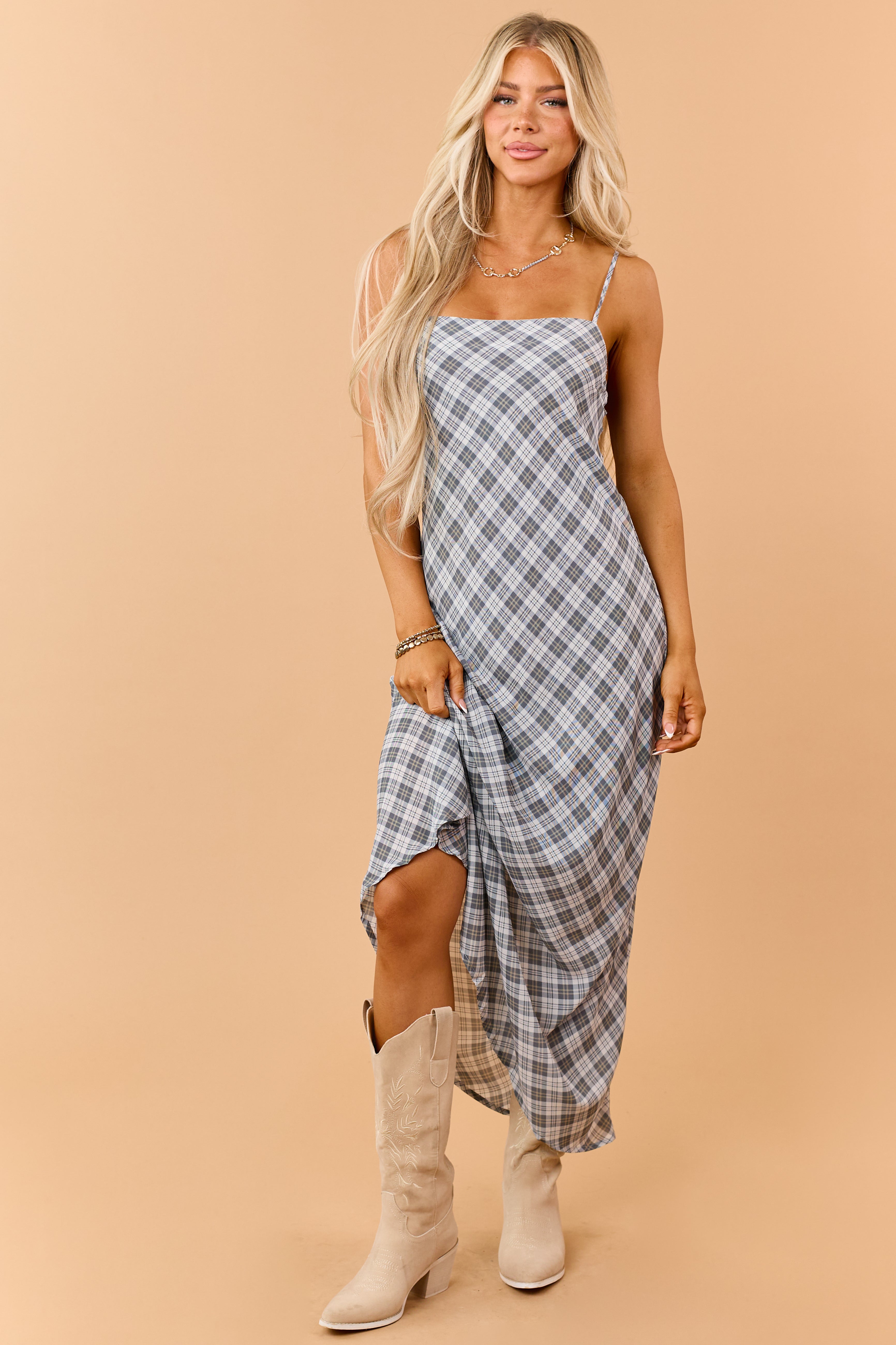 Steel Grey Plaid Flowy Sleeveless Maxi Dress