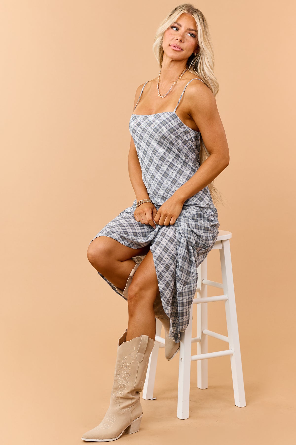 Steel Grey Plaid Flowy Sleeveless Maxi Dress