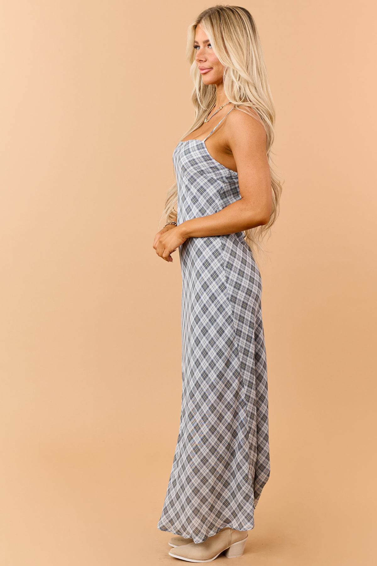 Steel Grey Plaid Flowy Sleeveless Maxi Dress
