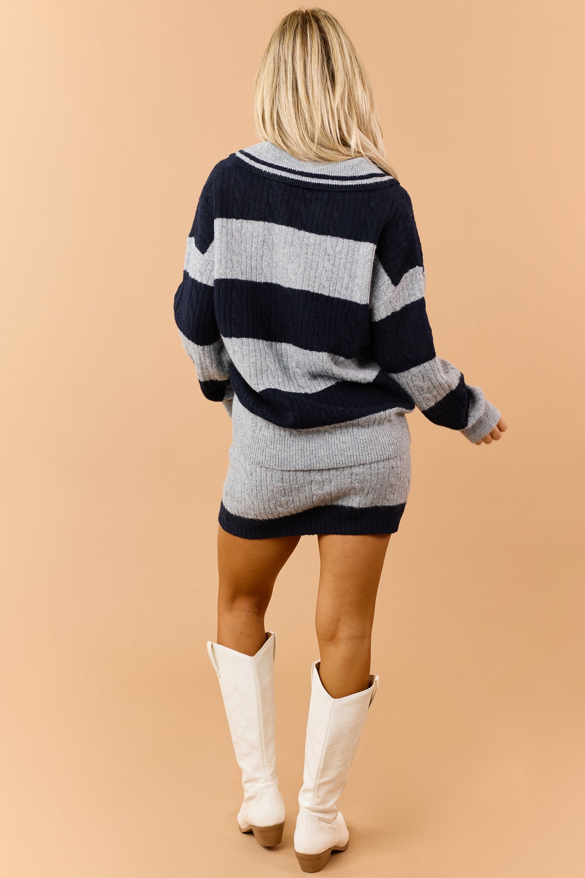 Steel Grey Striped Cable Knit Sweater and Skort Set
