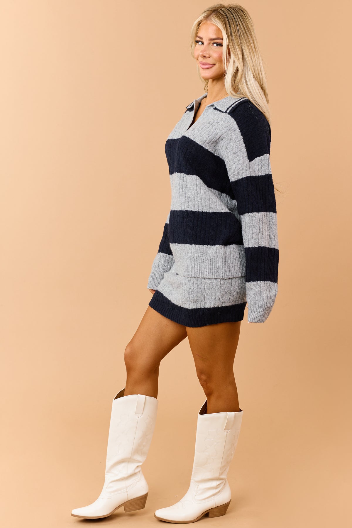 Steel Grey Striped Cable Knit Sweater and Skort Set