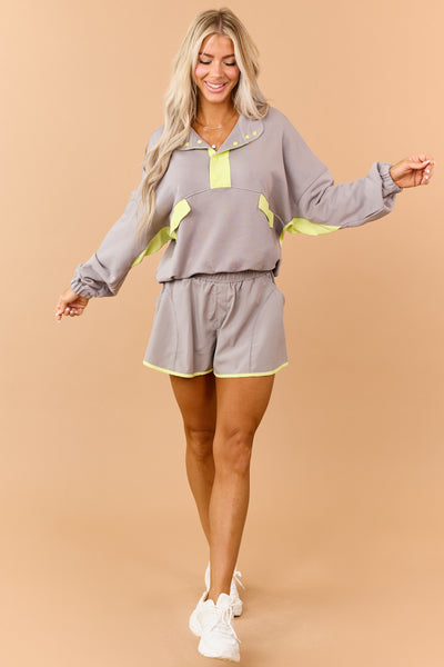 Steel Half Button Down Sweatshirt and Shorts Set
