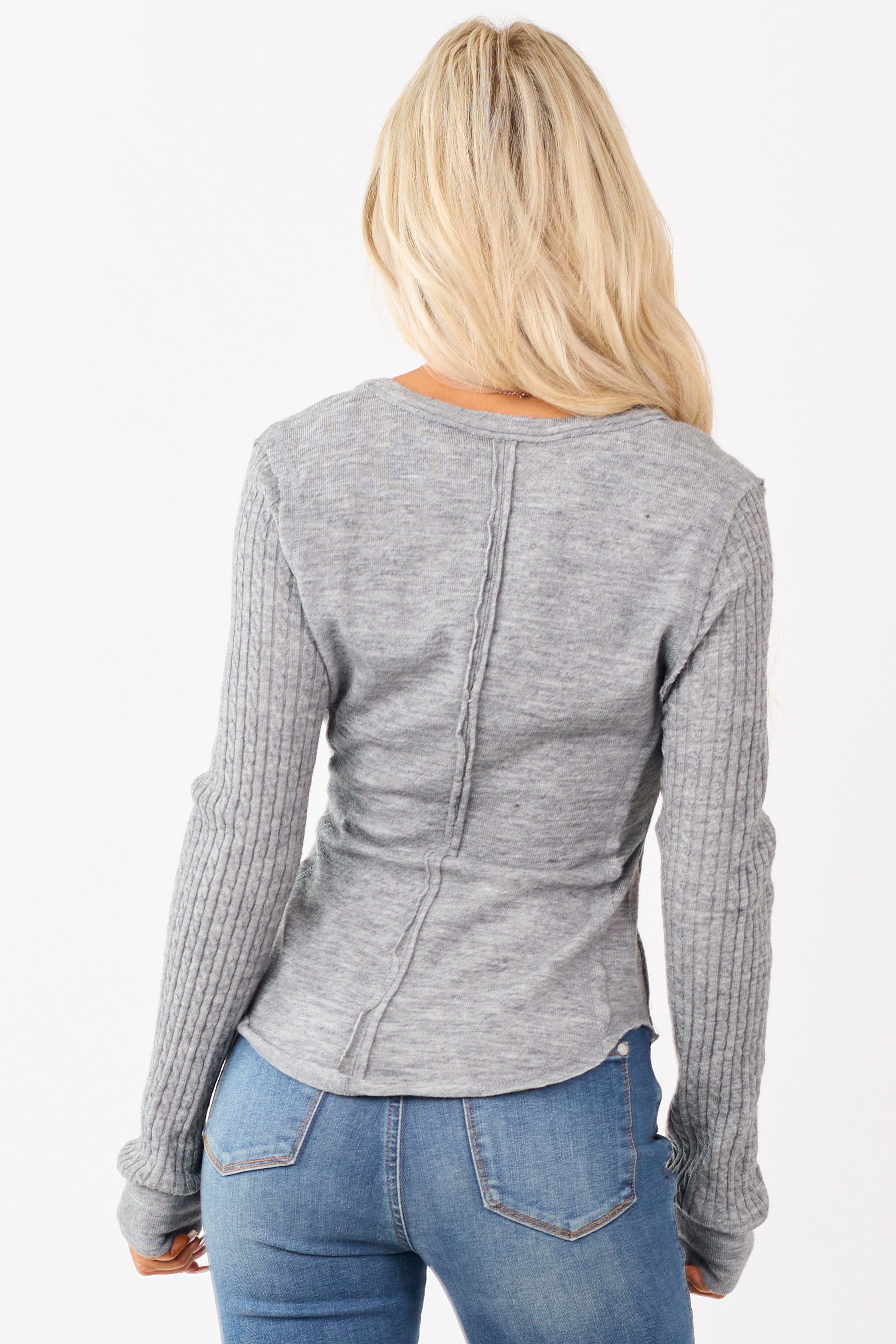 Steel Henley Top with Contrast Cable Knit Sleeves