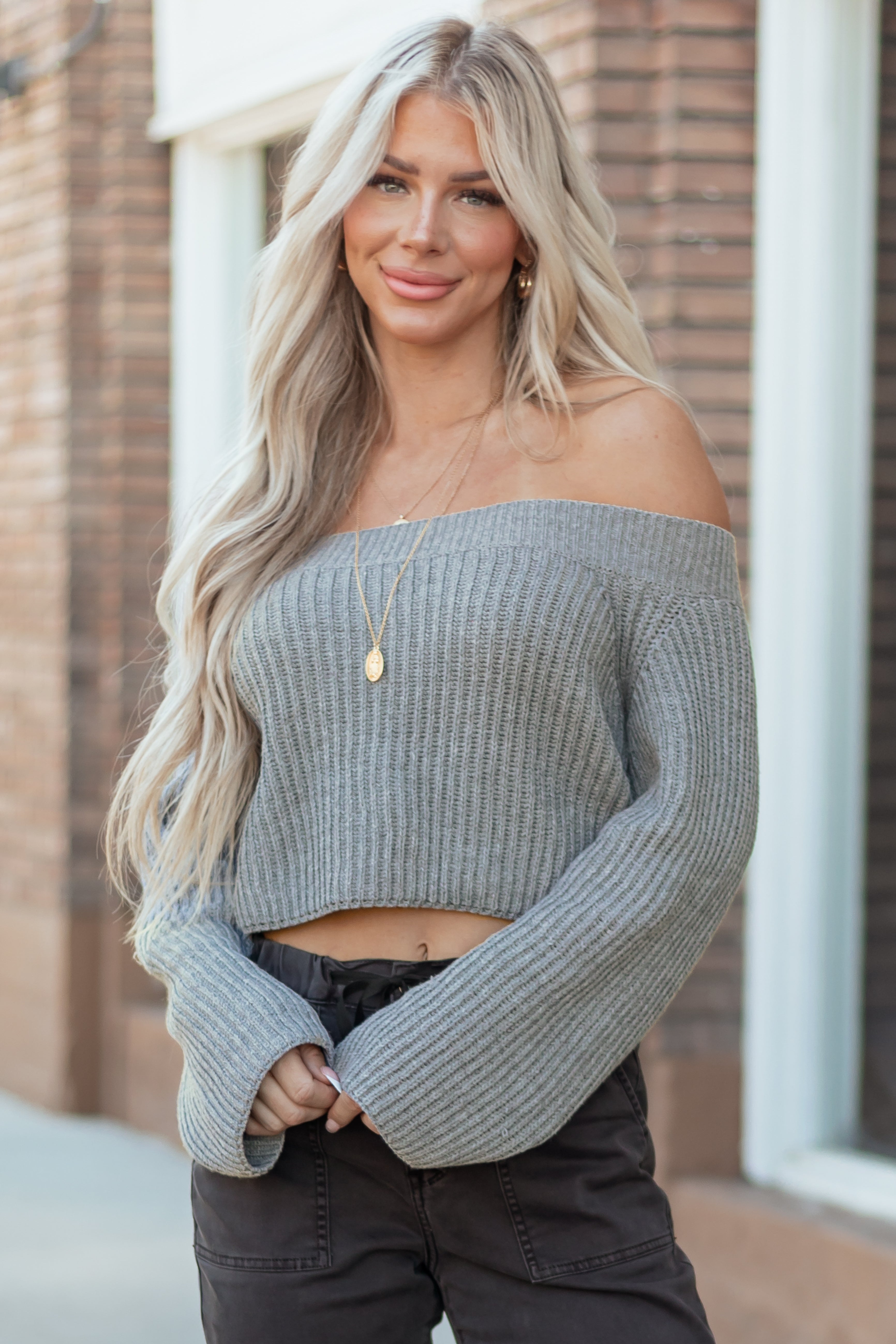 Steel Off the Shoulder Long Sleeve Crop Sweater Lime Lush Boutique