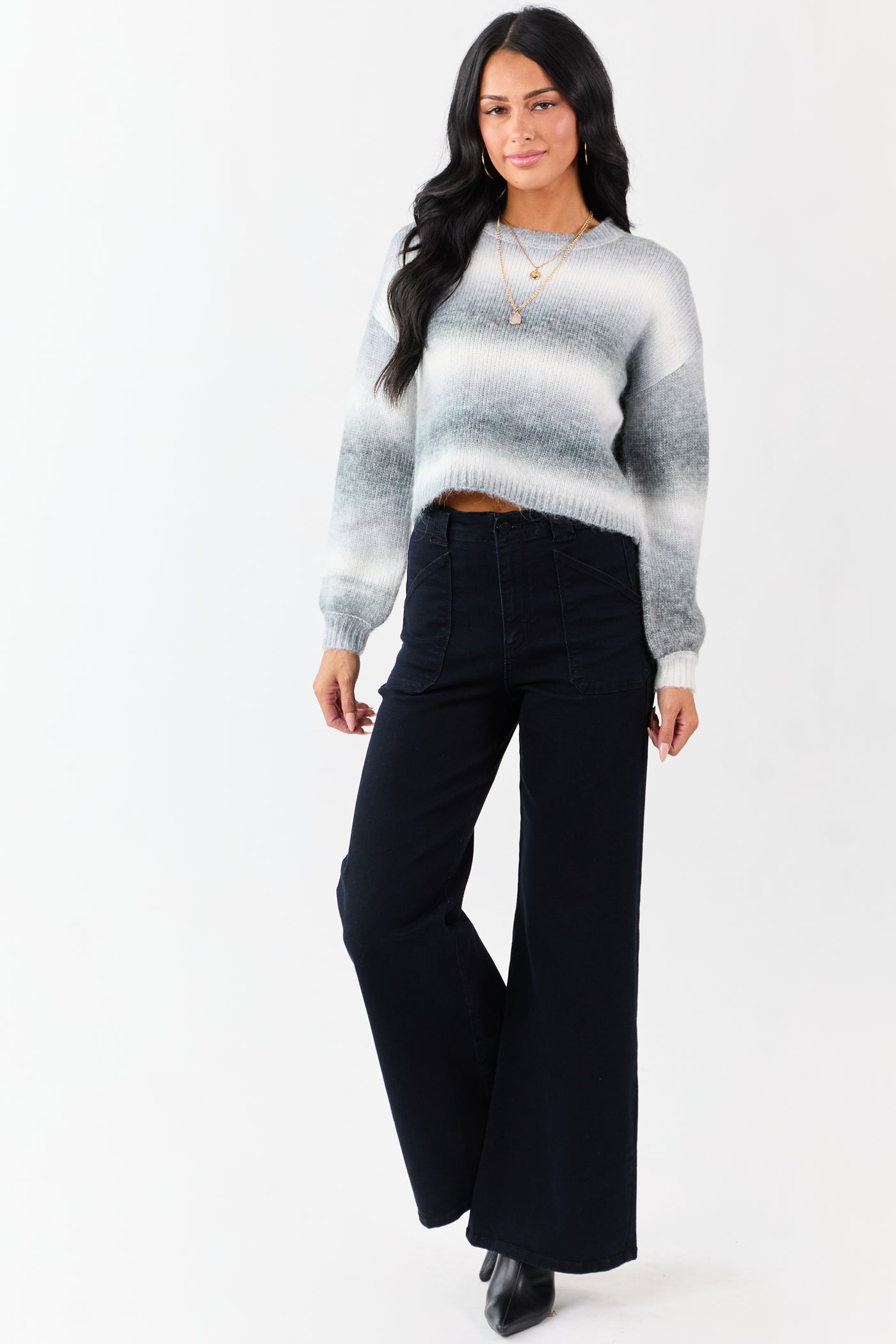 Steel Ombre Wool Blend Cropped Rib Knit Sweater