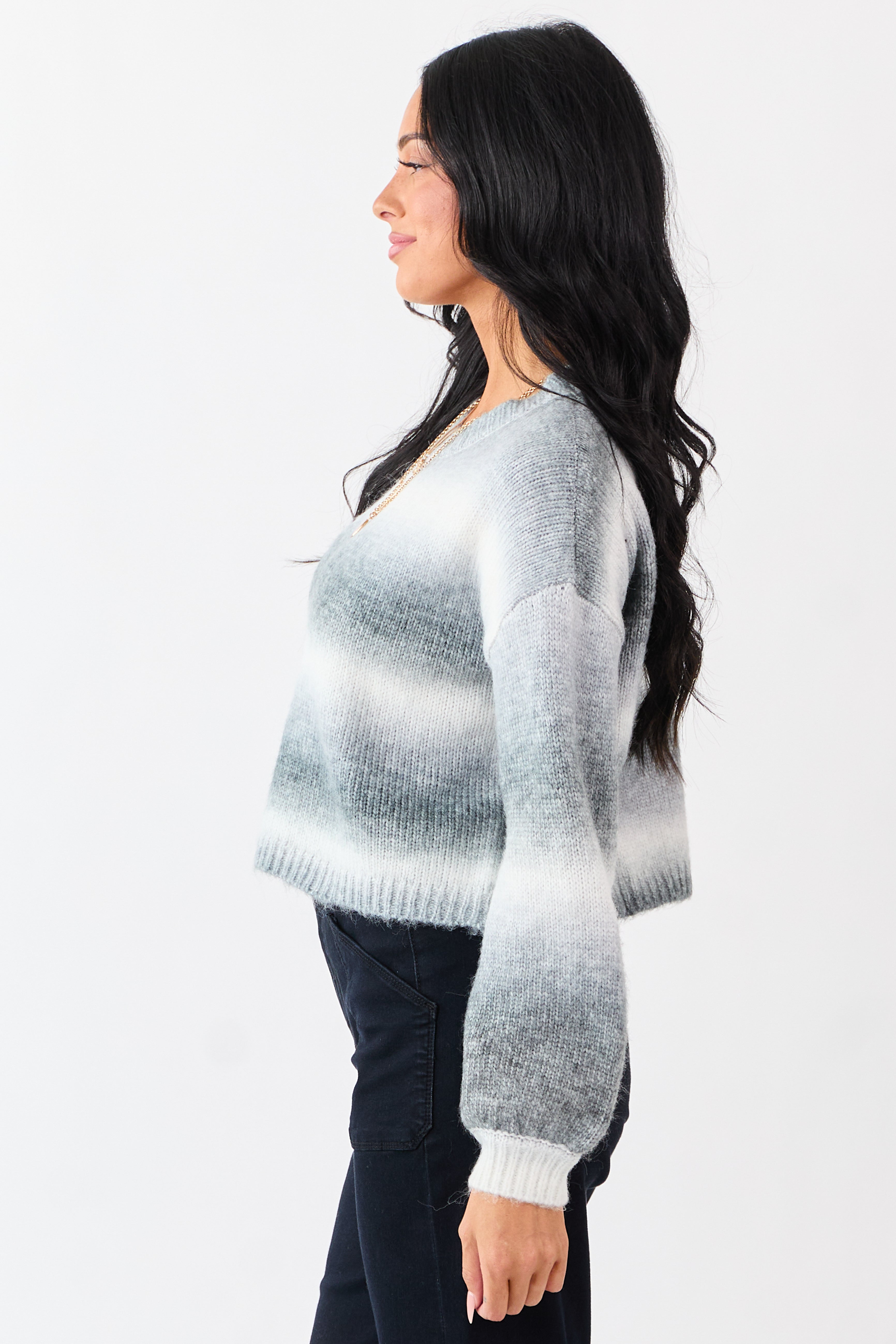 Steel Ombre Wool Blend Cropped Rib Knit Sweater