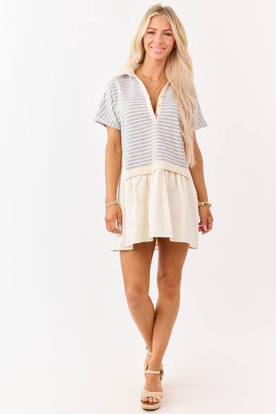 Steel Striped Knit Contrast Skirt Mini Shirt Dress
