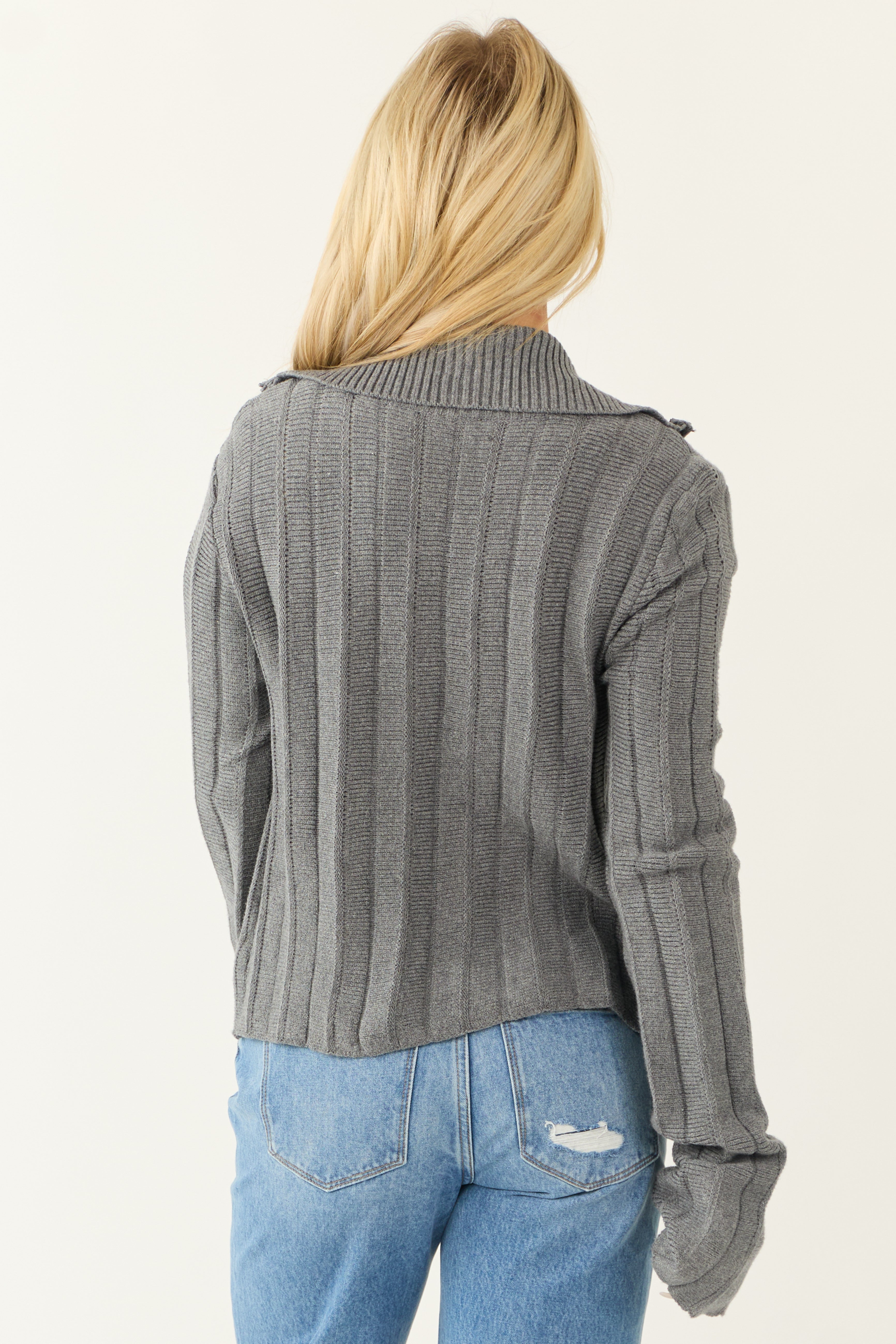 Steel Sweater Knit Zip Up Long Sleeve Jacket | Lime Lush Boutique