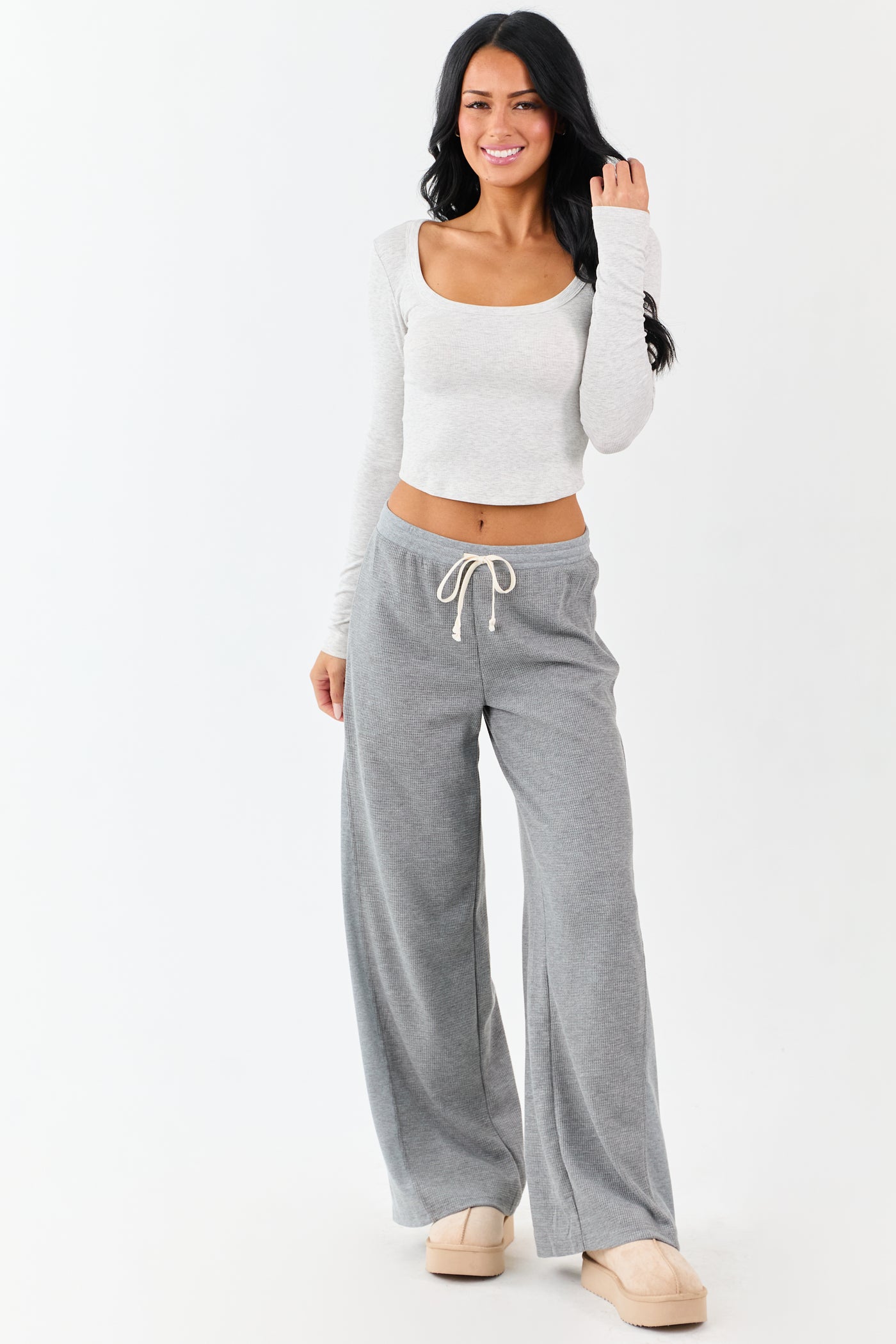 Steel Waffle Knit Wide Leg Drawstring Pants