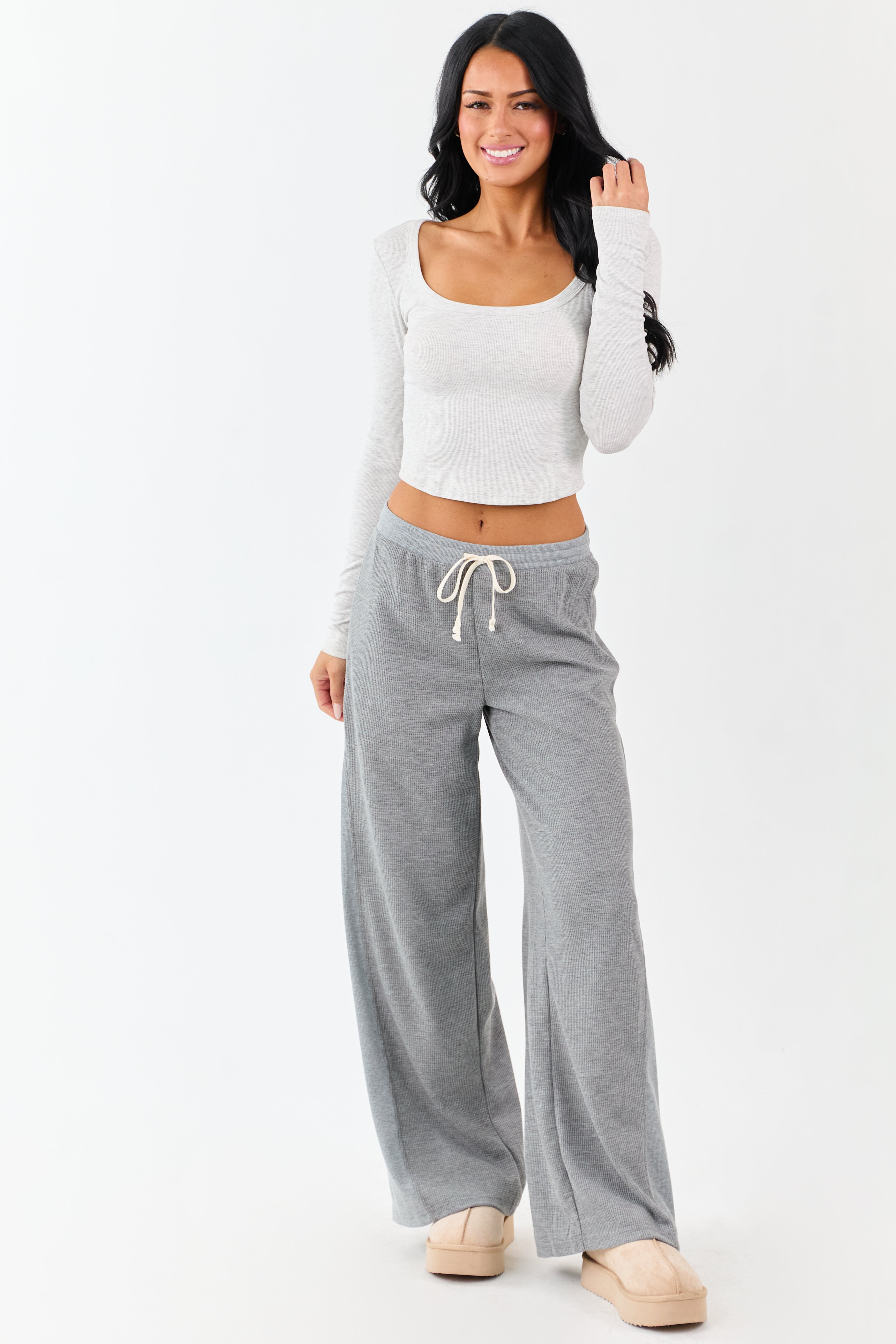 Steel Waffle Knit Wide Leg Drawstring Pants