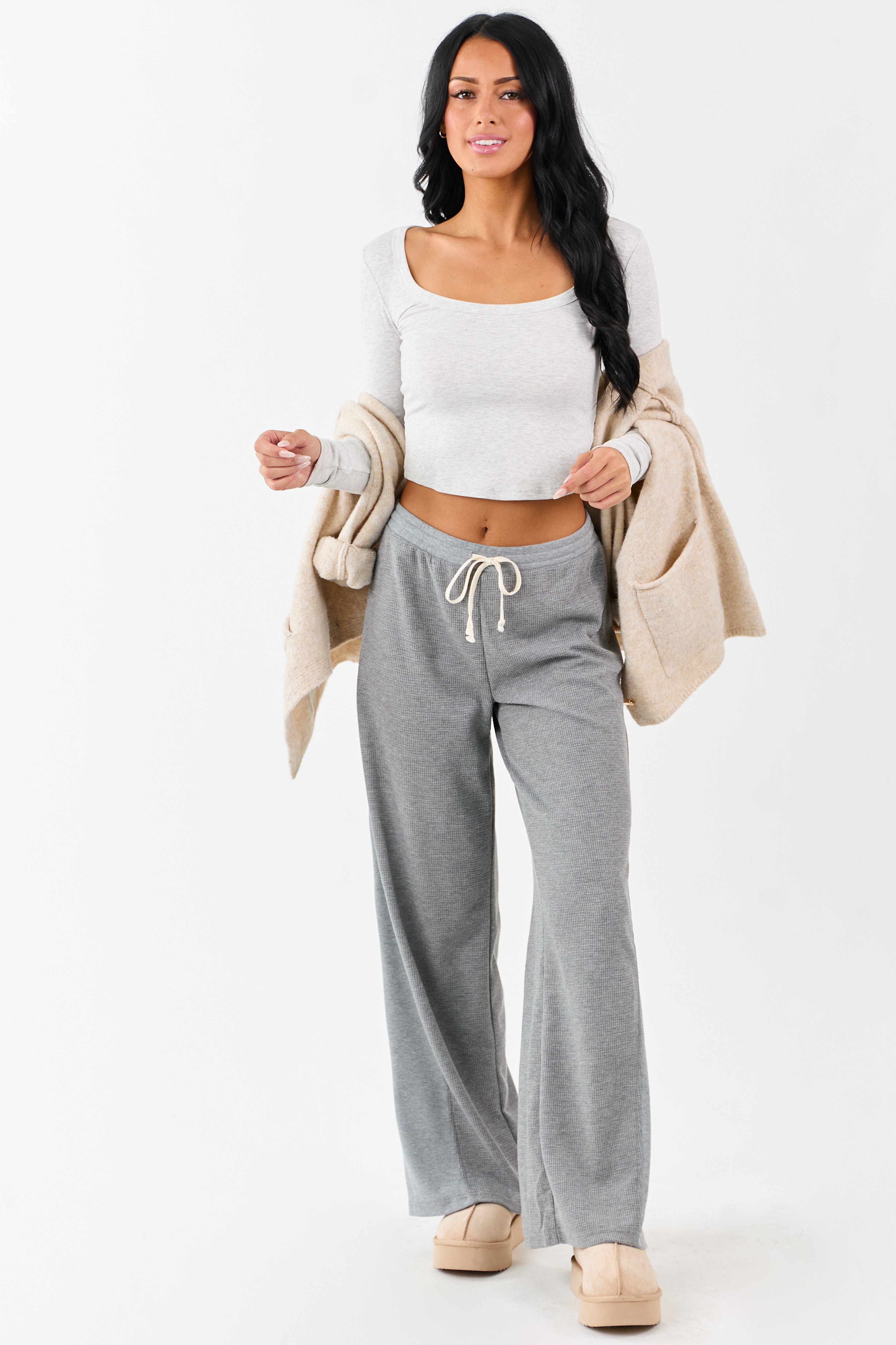 Steel Waffle Knit Wide Leg Drawstring Pants