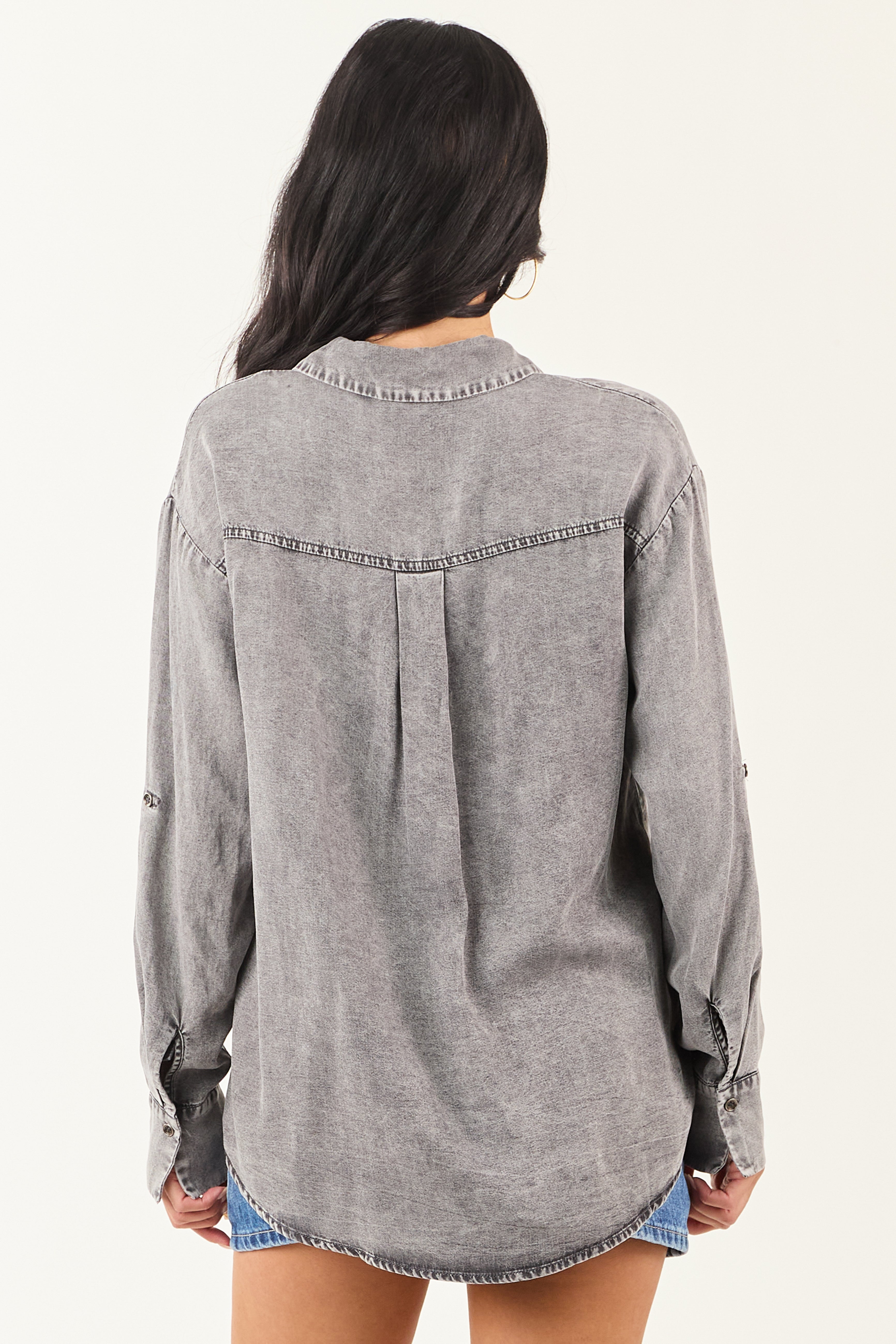 Steel Washed Chambray Denim Button Up Top